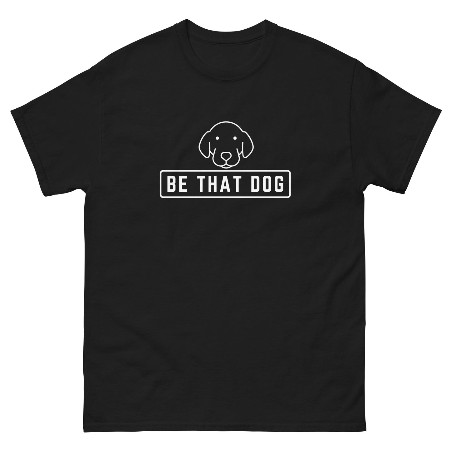 The Be THAT Dog Minimalist Pup Face Tee by THiNK LiKE A DOG® is a black T-shirt made of 100% cotton, featuring a simple line drawing of a dog's face with the text "BE THAT DOG," ideal for any dog lover collection.