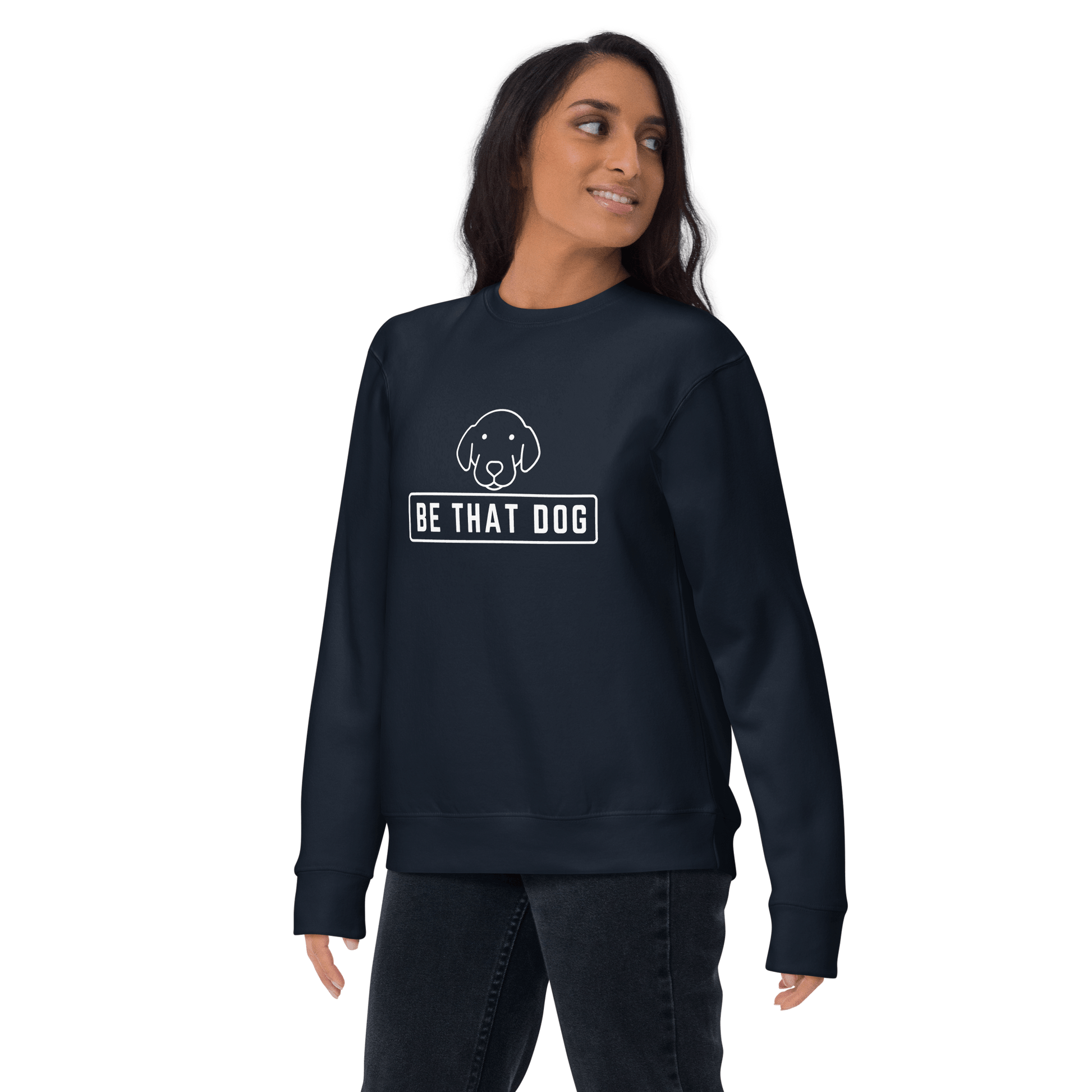 Someone wearing the THiNK LiKE A DOG® "Be THAT Dog Minimalist Sweatshirt," a cozy and confident sweater that features a dog graphic and the phrase "BE THAT DOG." It's an essential piece for modern streetwear enthusiasts and devoted dog lovers, guaranteed to turn heads.