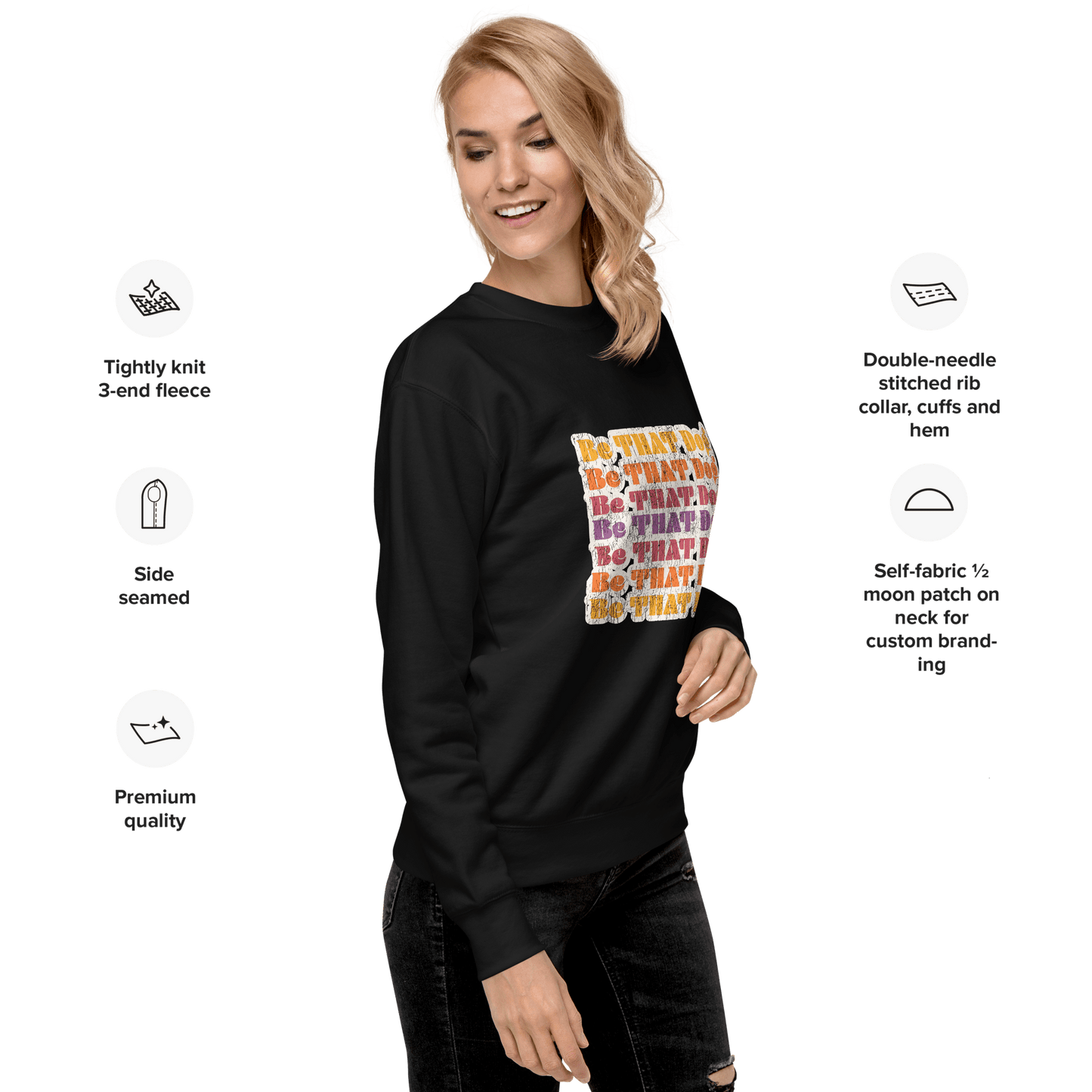 A person wearing the THiNK LiKE A DOG® Be THAT Dog Retro Sweatshirt, featuring colorful '70s style text. Descriptions highlight double-needle stitching, tightly knit fleece, and premium quality—it's the ultimate Dog Lover's Essential that adds Vintage Vibes to any wardrobe.