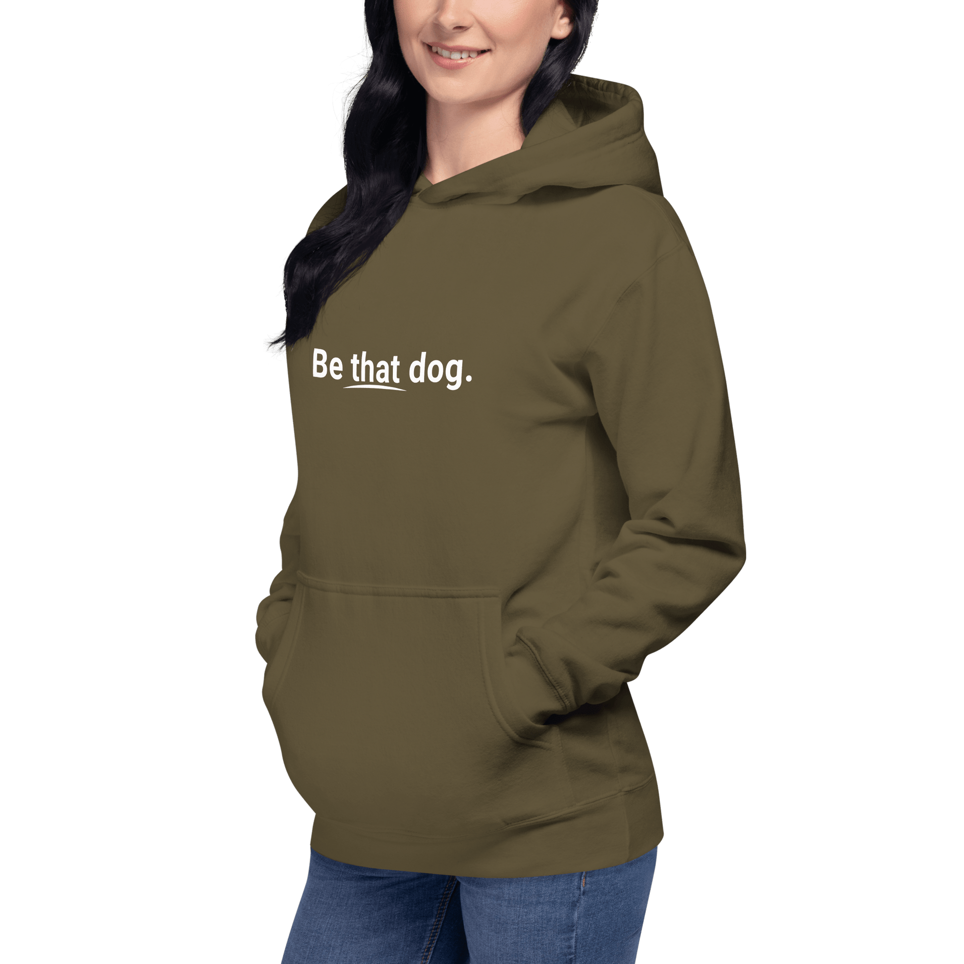 Wearing the olive green "Be That Dog Simple Statement Hoodie" by THiNK LiKE A DOG®, a person exudes confidence and dog lover energy. Perfect for those who value loyalty, this minimalist hoodie is essential for passionate canine enthusiasts.