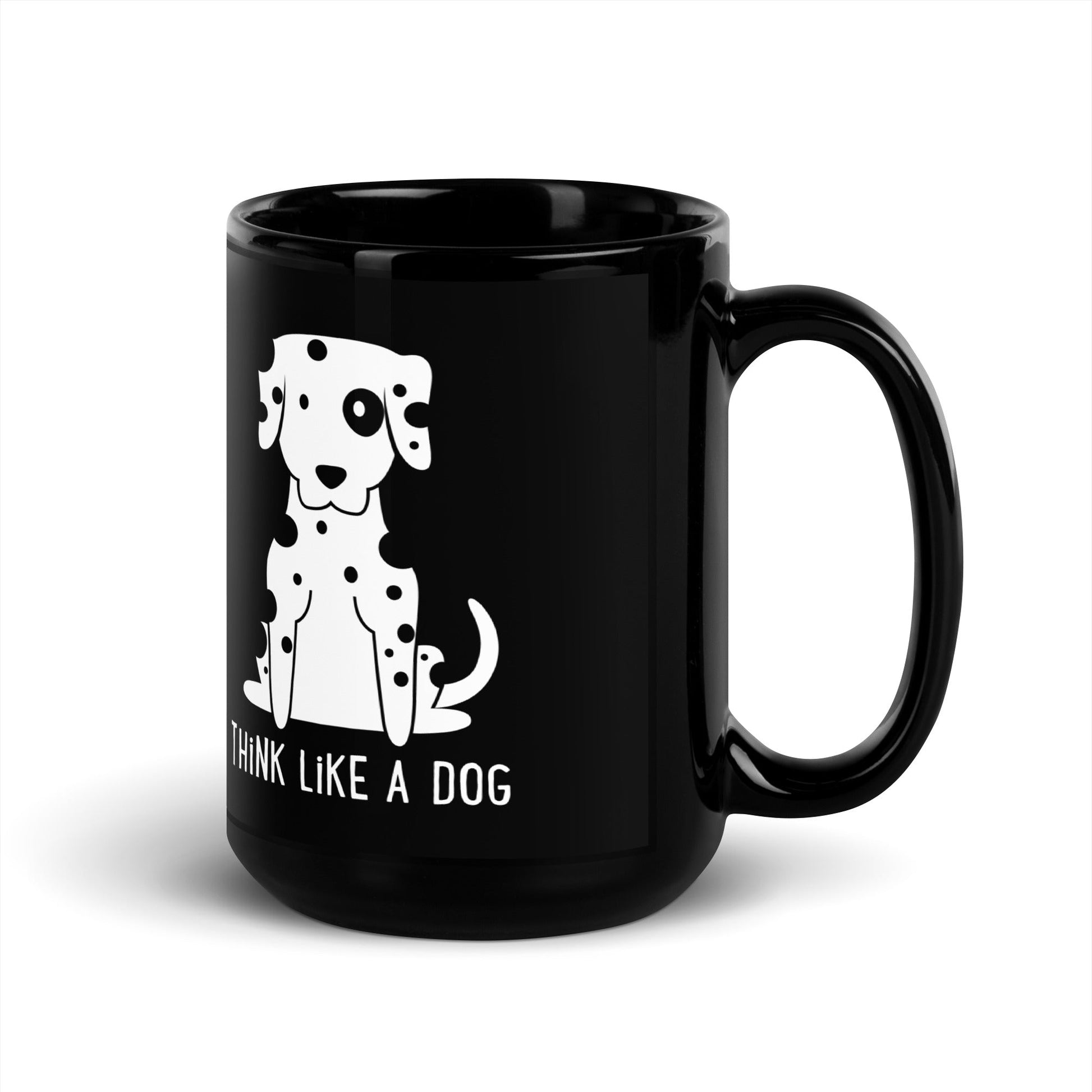 The Funny Dog Mug – Dalmatian Design for Pet Lovers by THiNK LiKE A DOG® features a black ceramic mug with a white cartoon pup and is the perfect humorous gift for dog lovers.