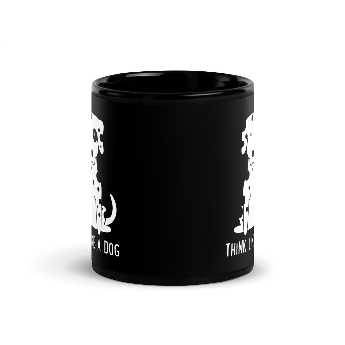 The THiNK LiKE A DOG® Funny Dog Mug – Dalmatian Design for Pet Lovers features black ceramic with white Dalmatian illustrations on both sides, making it a perfect gift for dog lovers and a fun addition to your mug collection.