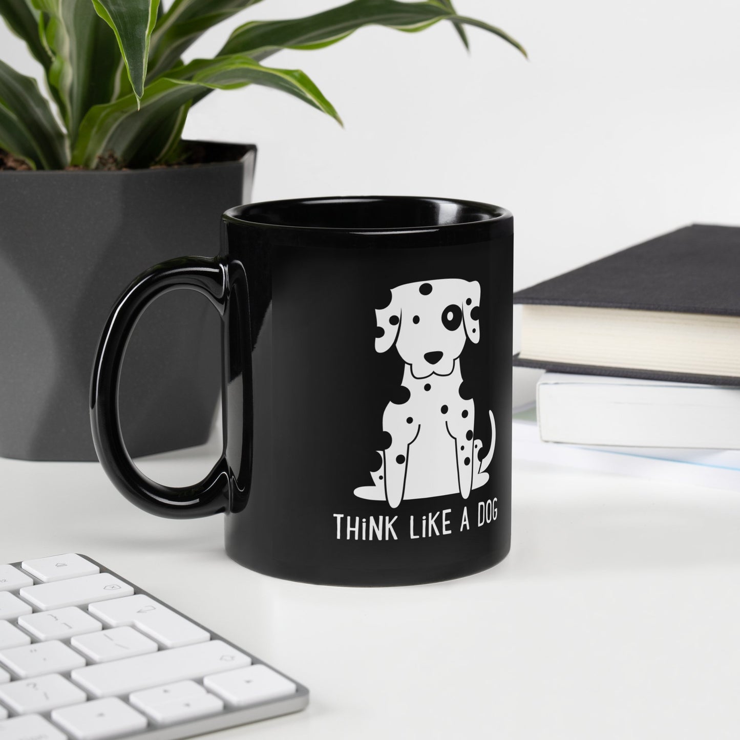 The THiNK LiKE A DOG® Funny Dog Mug – Dalmatian Design for Pet Lovers features a cartoon pup and slogan, making it the ideal dog lover gift or playful workspace mug.