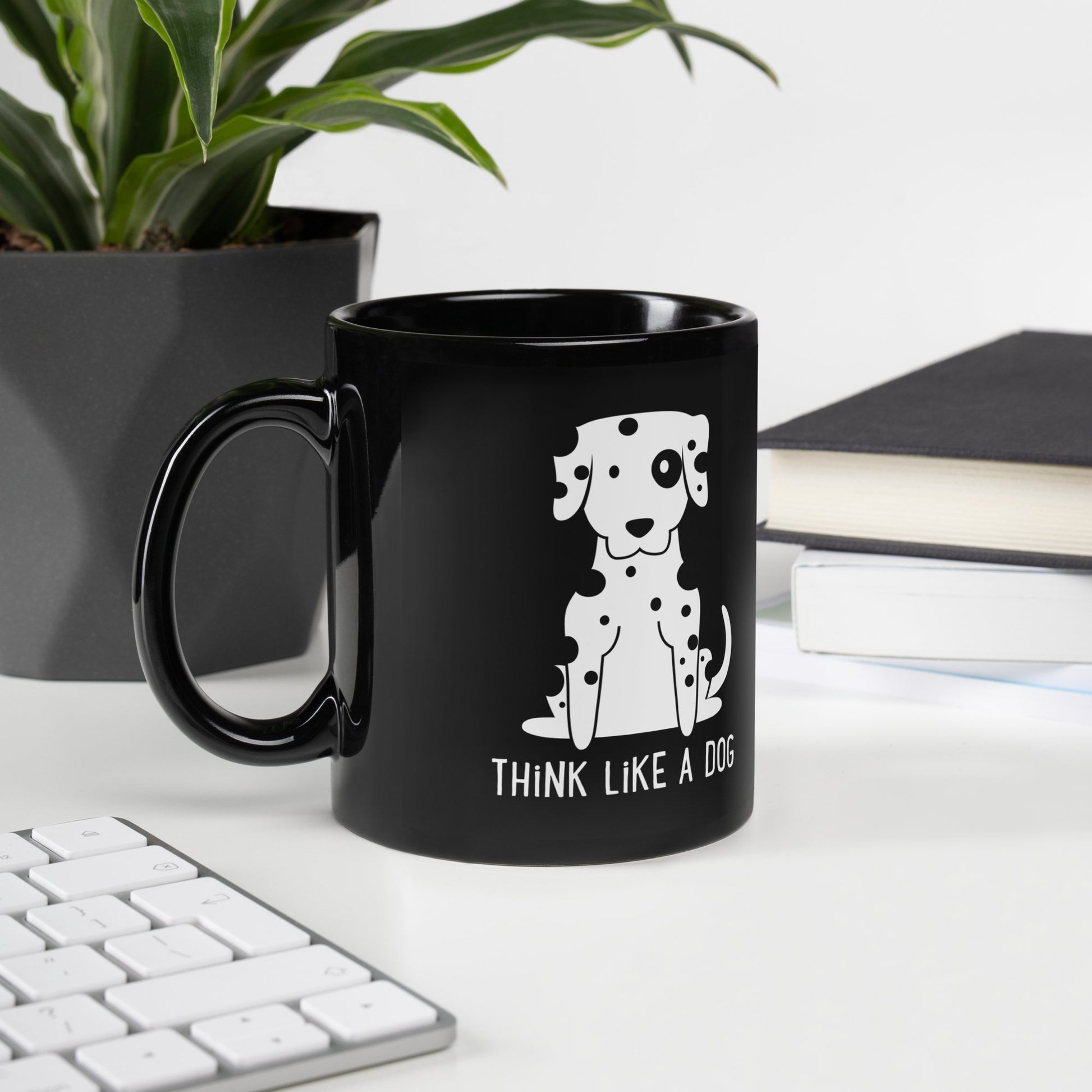 The THiNK LiKE A DOG® Funny Dog Mug – Dalmatian Design for Pet Lovers features a cartoon pup and slogan, making it the ideal dog lover gift or playful workspace mug.