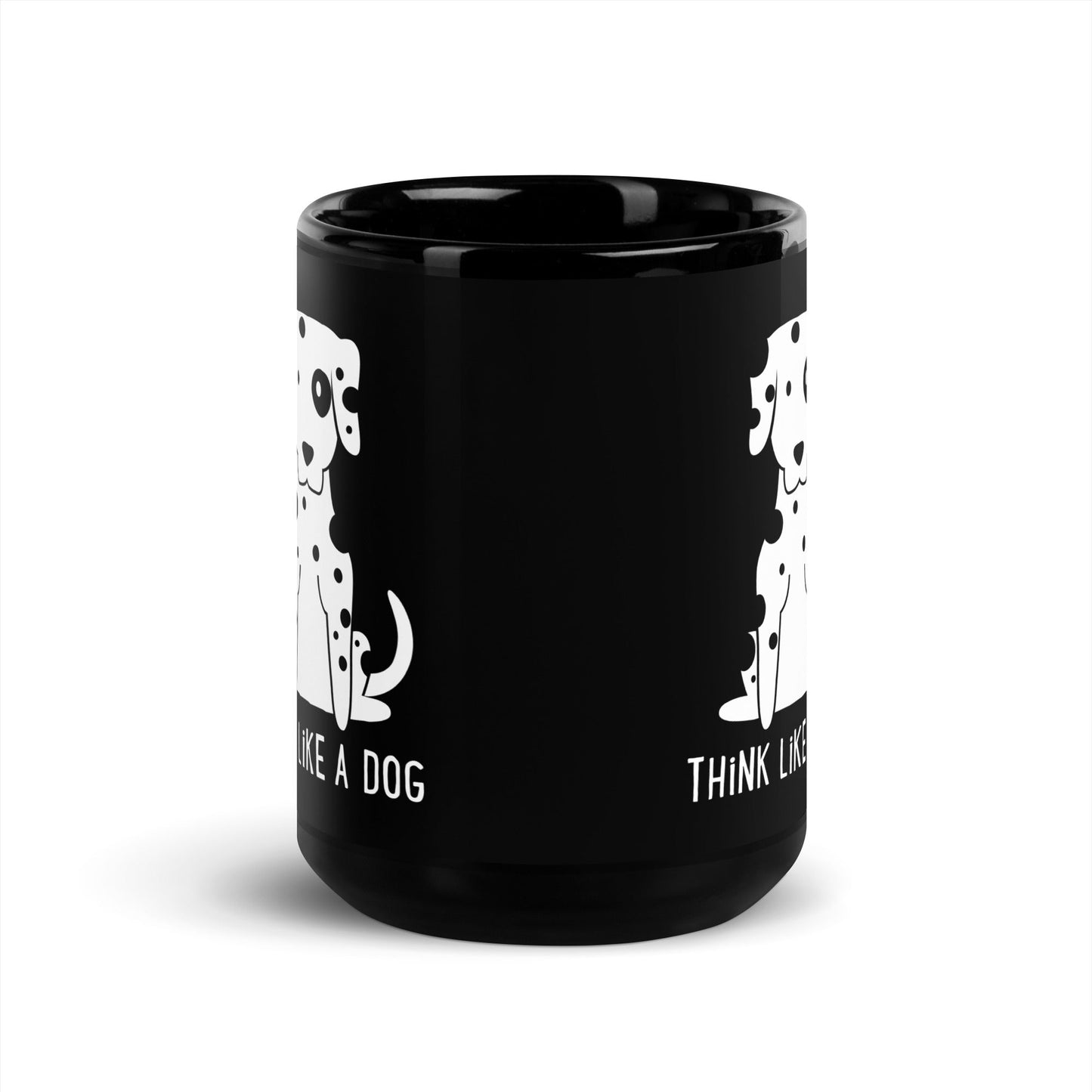 The THiNK LiKE A DOG® Funny Dog Mug features a black ceramic Dalmatian design with cartoon dalmatians and fun phrases—an ideal gift for pet lovers.