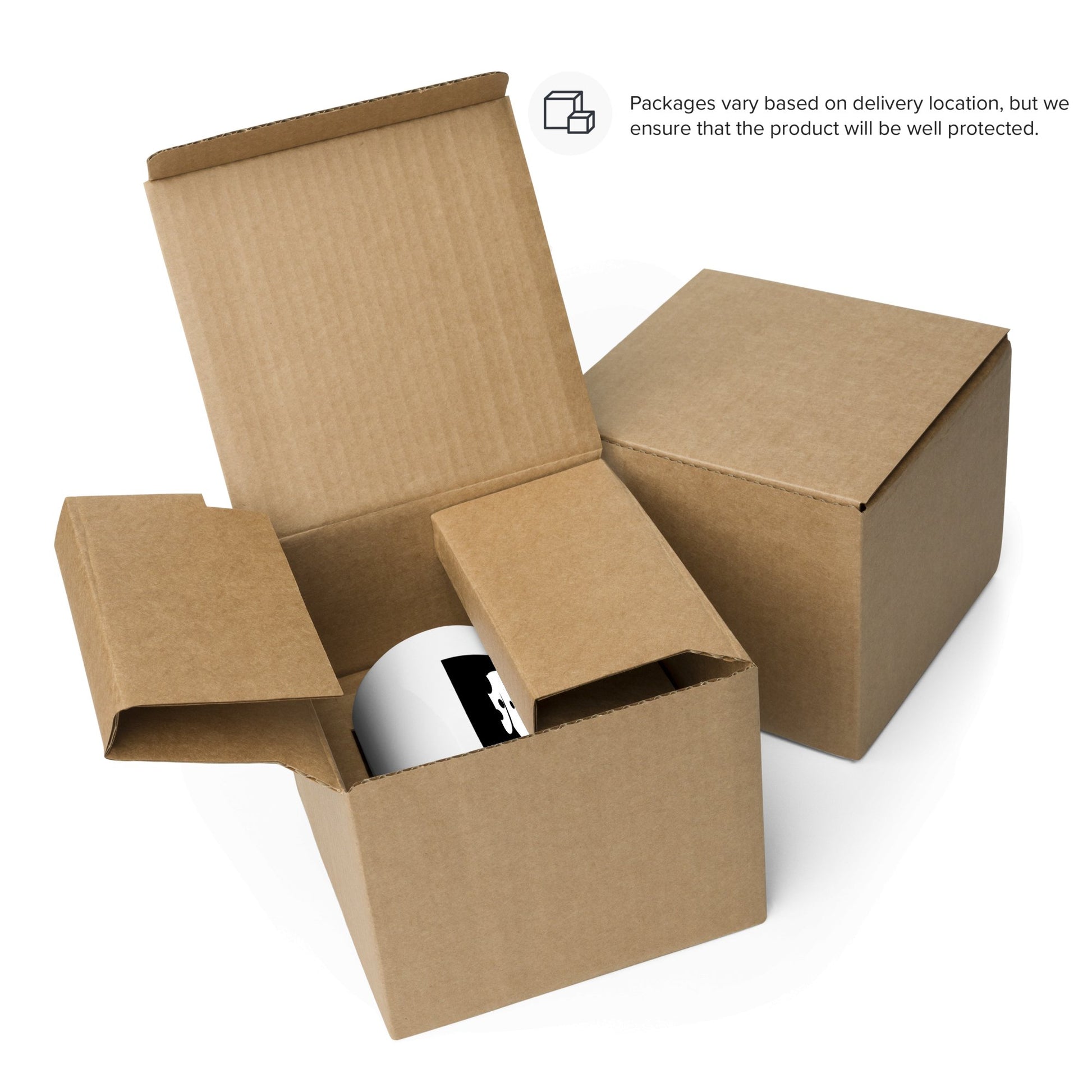 Two brown cardboard boxes from THiNK LiKE A DOG®—one open, showing the Funny Dog Mug – Dalmatian Design for Pet Lovers. Text highlights packaging variation and protection, making it a perfect dog lover gift.