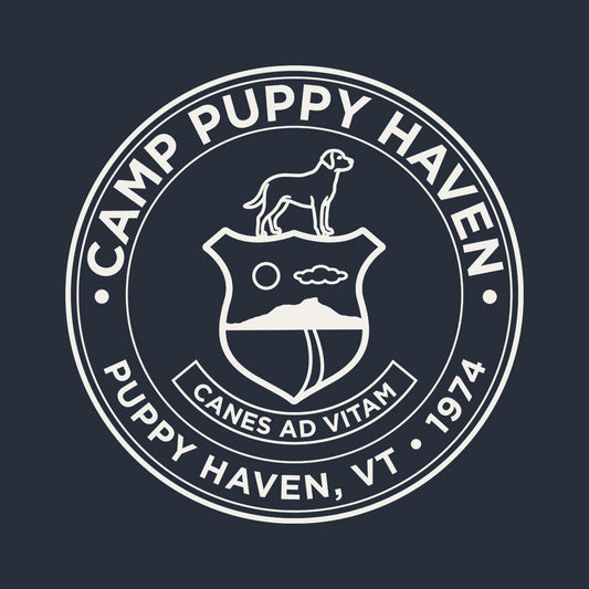 Camp Puppy Haven badge seal design, cream on navy, Canes Ad Vitam, Puppy Haven VT 1974