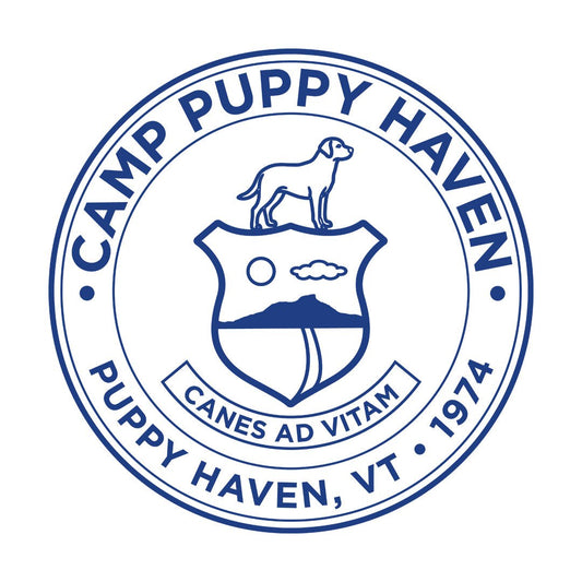 Camp Puppy Haven badge seal artwork in navy on white, Canes Ad Vitam, Puppy Haven VT 1974