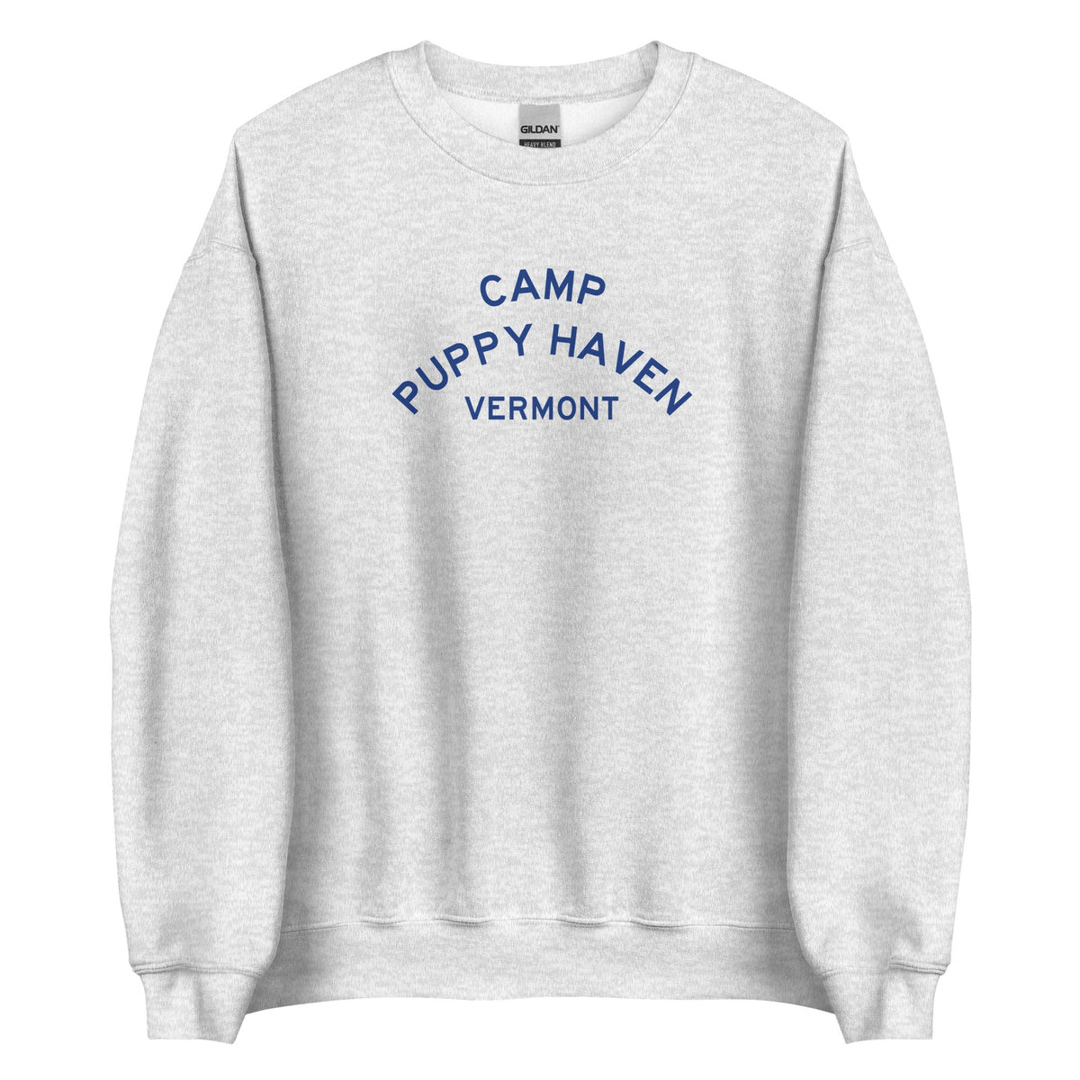 Camp Puppy Haven Vermont crewneck sweatshirt in Ash with navy three-tier camp lettering