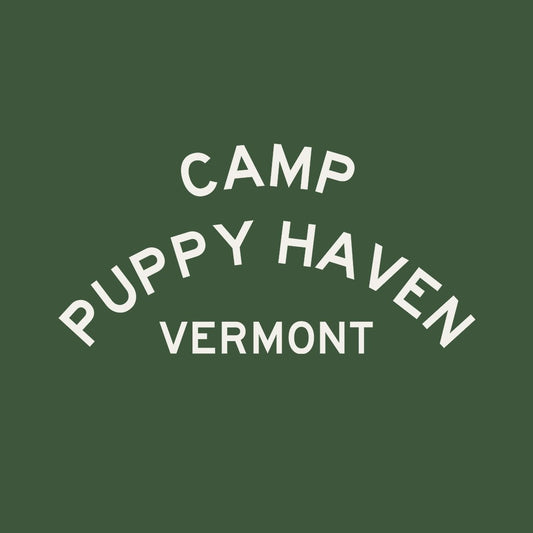 Camp Puppy Haven Vermont print design, three-tier camp lettering in Highway Gothic, est. 1974
