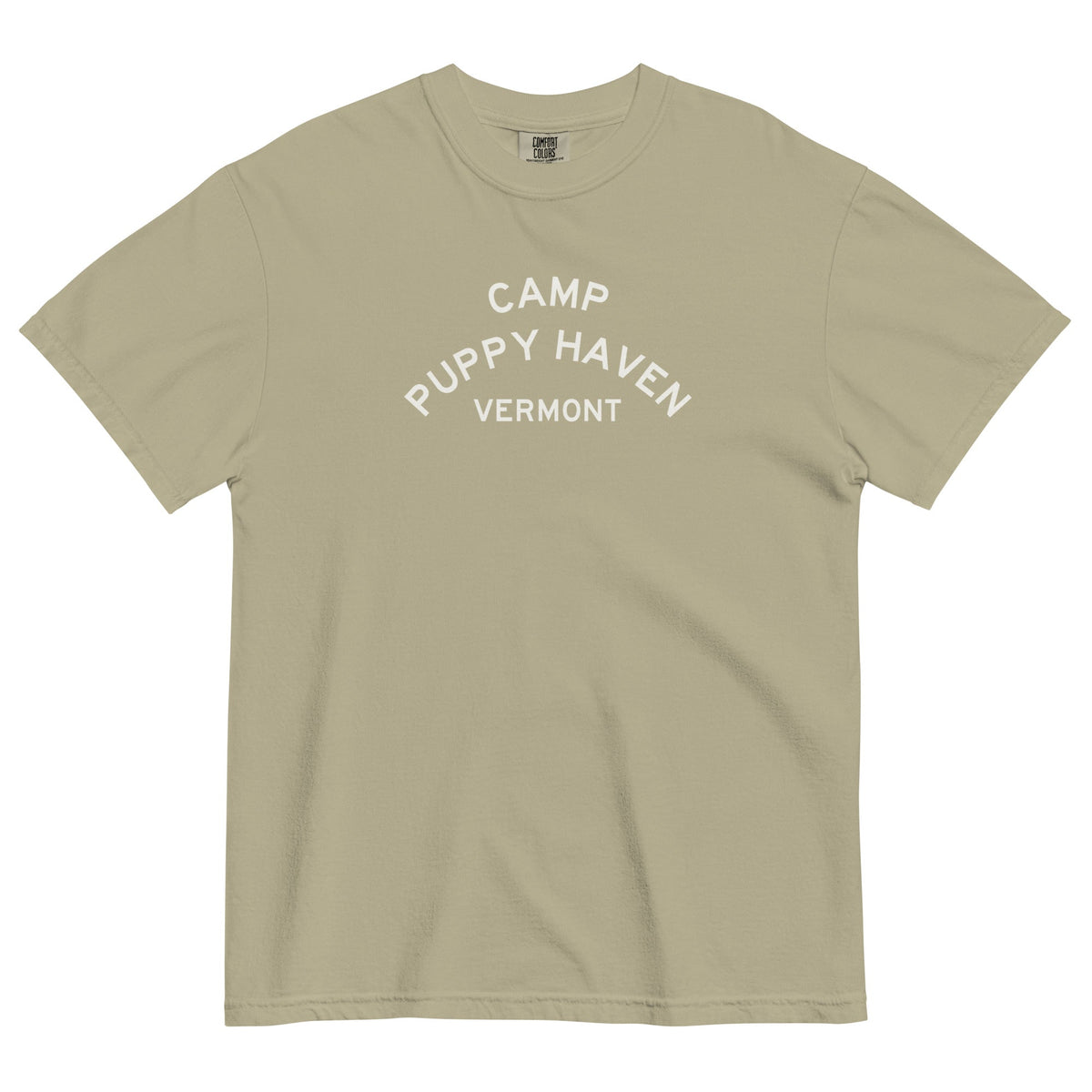 Camp Puppy Haven Vermont tee in Khaki with navy three-tier camp lettering