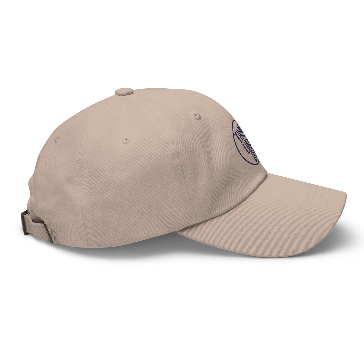A navy-blue dad hat branded with the signature "Think Like a Dog" circle logo from THiNK LiKE A DOG®, featuring an adjustable strap at the back, perfect for dog lovers.
