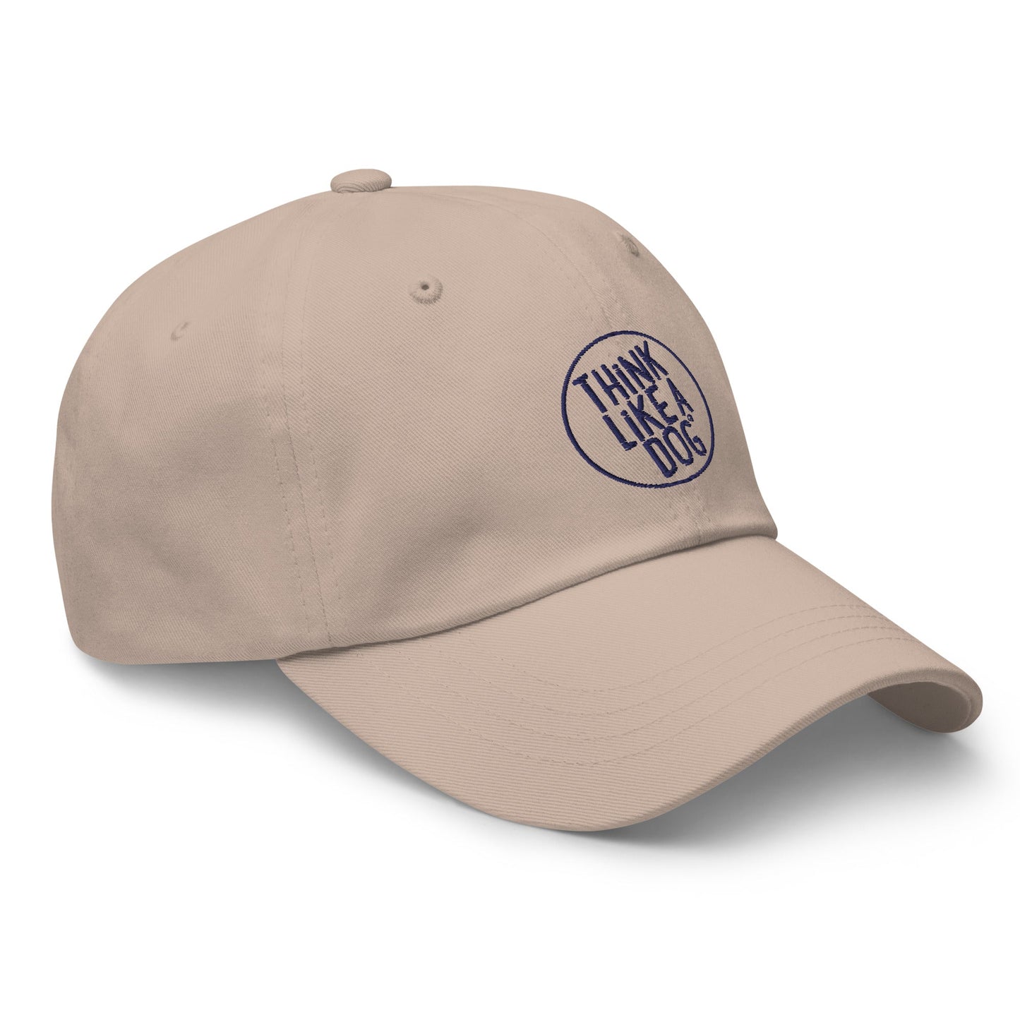 A **Classic Navy Dad Hat - Think Like a Dog Circle Logo** by **THiNK LiKE A DOG®**, featuring the phrase "Think Like A Dog" embroidered in blue on the front, perfect for dog lovers.