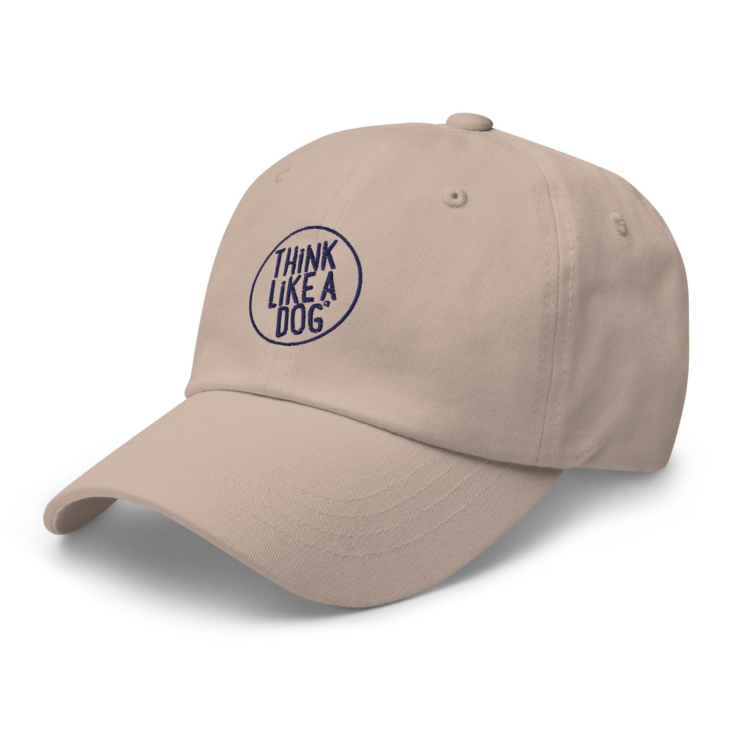 The Classic Navy Dad Hat from THiNK LiKE A DOG®, featuring the "Think Like a Dog" circle logo embroidered in dark blue on the front, is perfect for dog lovers.