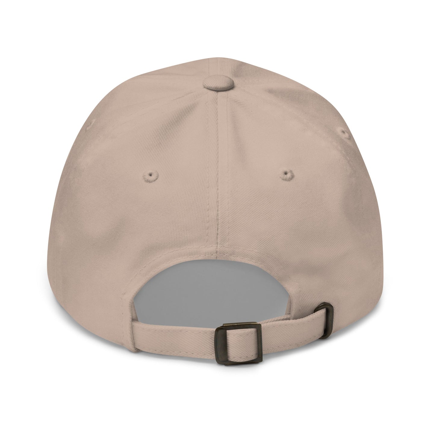 Rear view of a navy dad hat with an adjustable strap and metal buckle, featuring the THiNK LiKE A DOG® Circle Logo above the top button and ventilation eyelets, perfect for dog lovers.