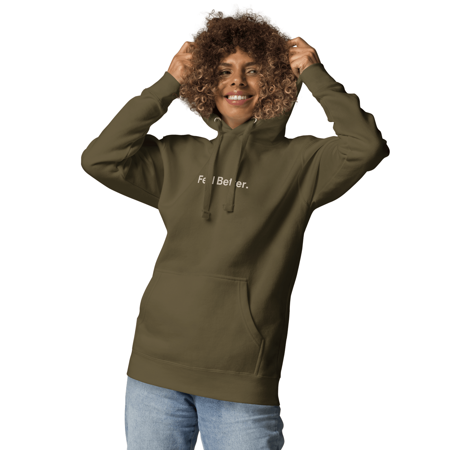 A curly-haired person smiles in a green "Feel Better Dog Lover Hoodie" from THiNK LiKE A DOG®, ideal for pet owners and dog moms, playfully showcasing joy while holding the hood.