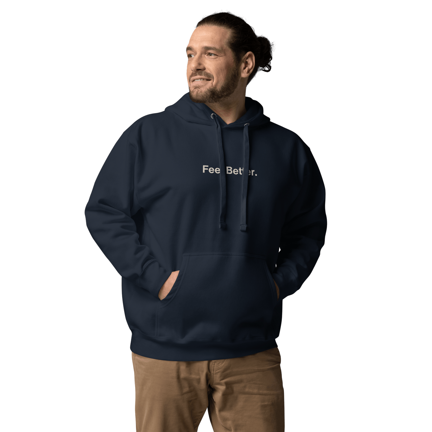 A man stands with hands in pockets against a dark background, wearing a navy THiNK LiKE A DOG® "Feel Better Dog Lover Hoodie – Cozy Comfort for Pet Owners & Dog Moms.