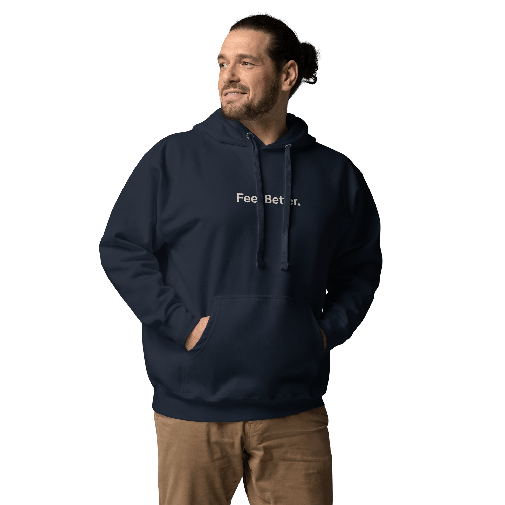 A man stands with hands in pockets against a dark background, wearing a navy THiNK LiKE A DOG® "Feel Better Dog Lover Hoodie – Cozy Comfort for Pet Owners & Dog Moms.