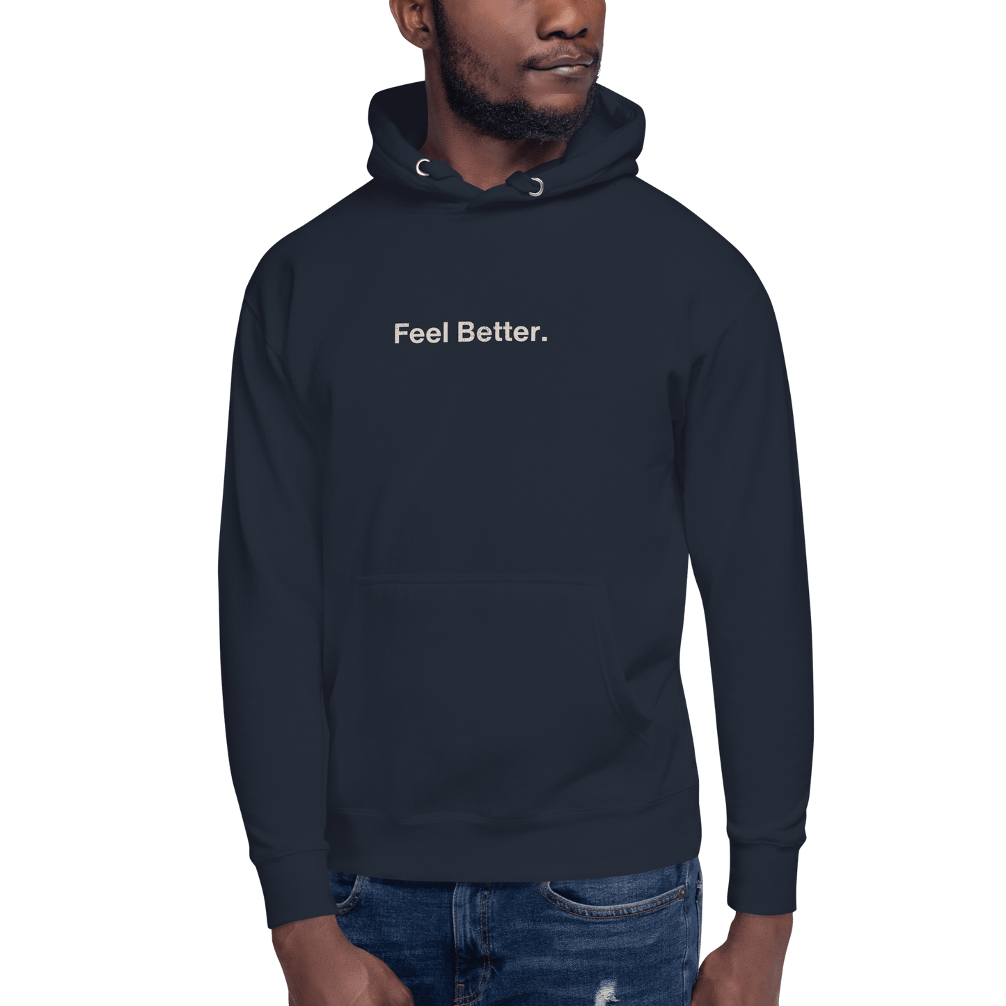A person wears the THiNK LiKE A DOG® navy "Feel Better" hoodie, ideal for dog moms who value cozy comfort.