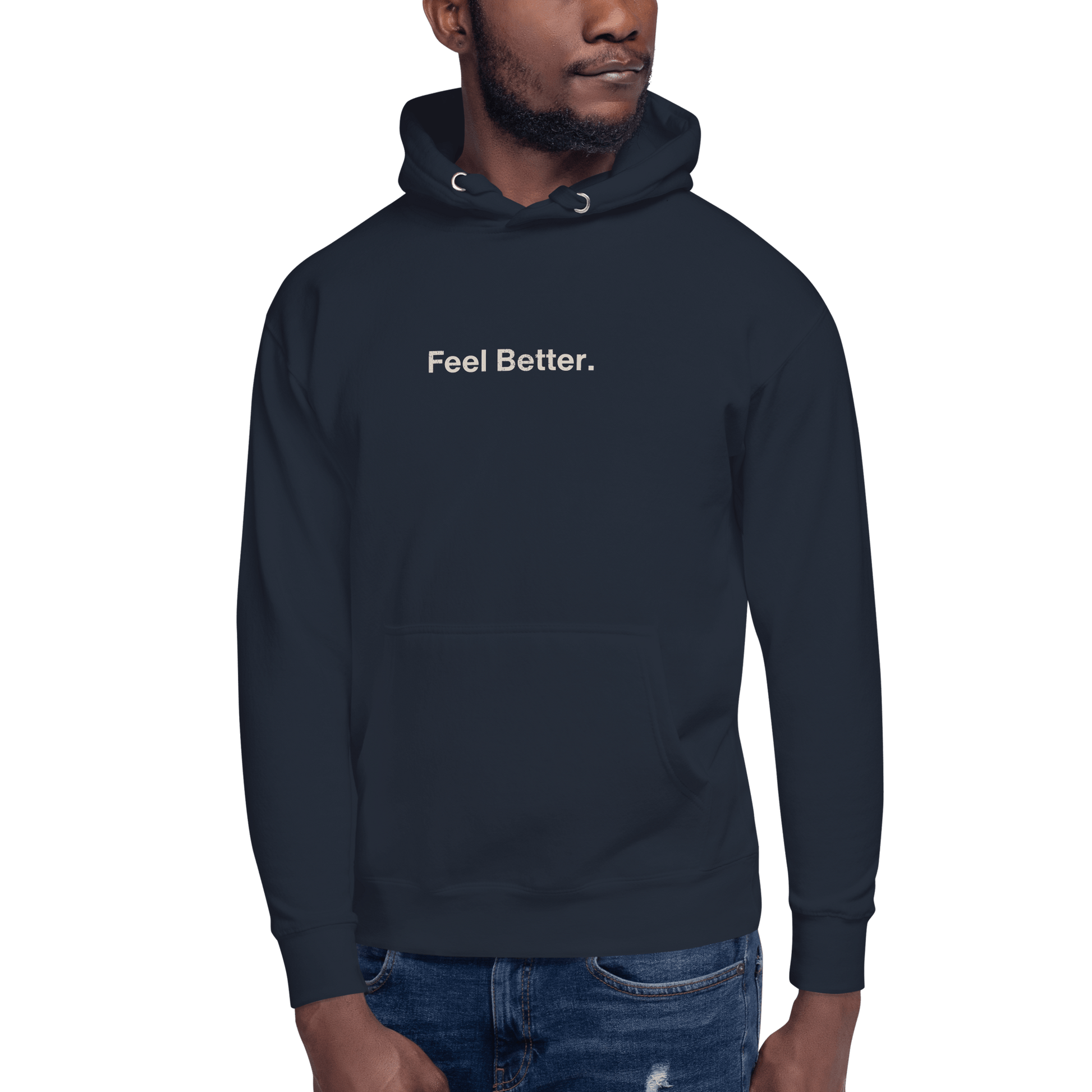 A person wears the THiNK LiKE A DOG® navy "Feel Better" hoodie, ideal for dog moms who value cozy comfort.