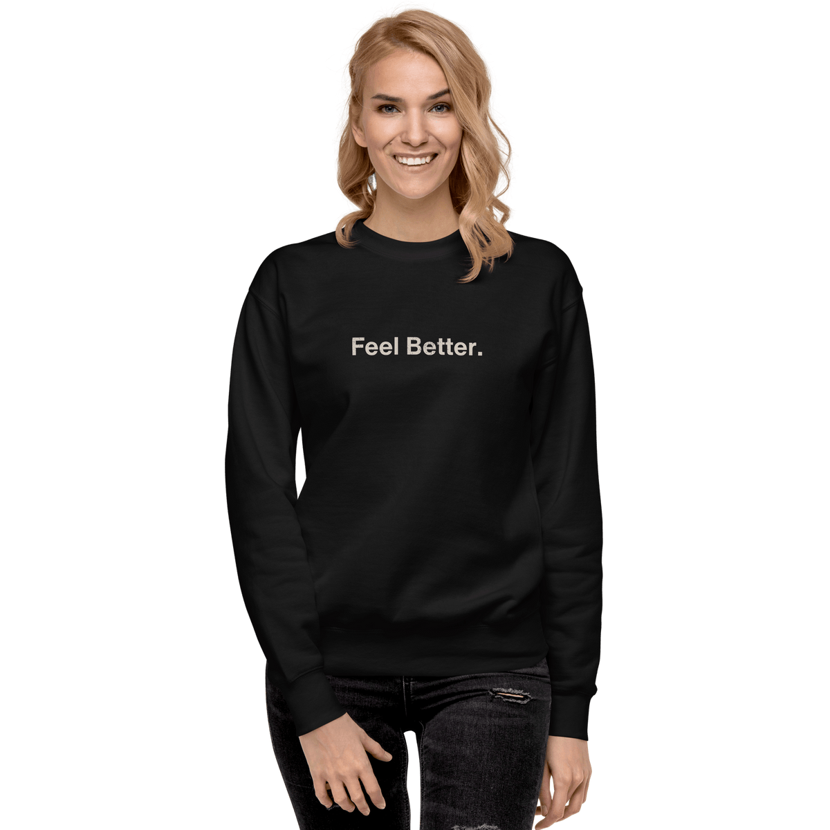 A blonde woman smiles facing forward, wearing a THiNK LiKE A DOG® Feel Better. Dog Lover Sweatshirt, against a plain…