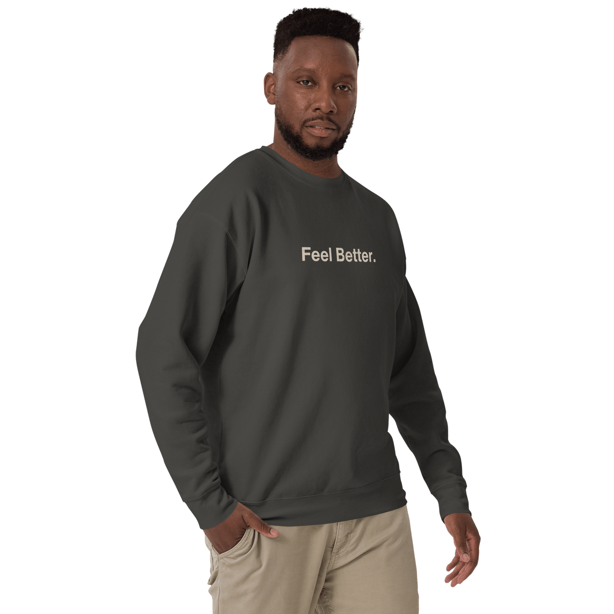 A man wears the THiNK LiKE A DOG® Feel Better. Dog Lover Sweatshirt in dark color with "Feel Better." on the front,…