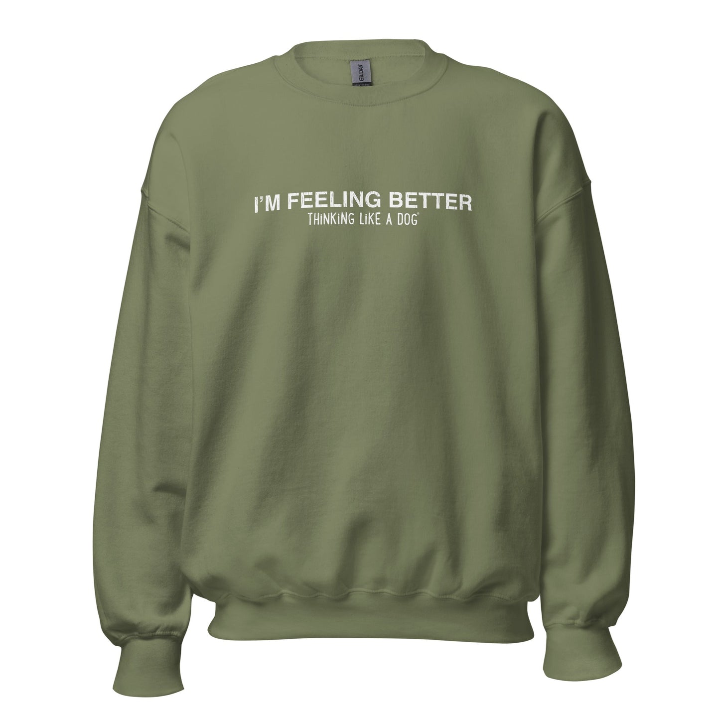 The THiNK LiKE A DOG® Cozy Inspirational Sweatshirt features the "I'M FEELING BETTER, THINKING LIKE A DOG®" text in white on a green background, offering vintage flair for dog lovers seeking comfort apparel.
