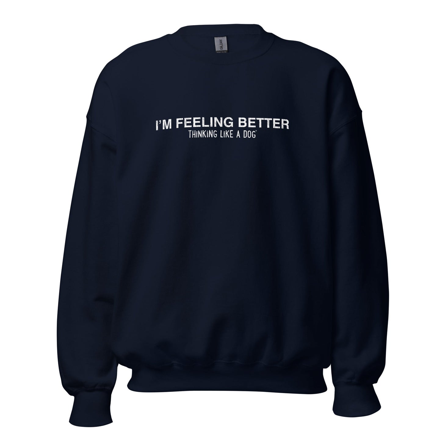 A black sweatshirt from THiNK LiKE A DOG® with white text, "I'M FEELING BETTER THINKING LIKE A DOG," on the front. Perfect dog-inspired comfort for any collection. Product Name: I’m Feeling Better, Thinking Like a Dog® | Cozy Inspirational Sweatshirt.