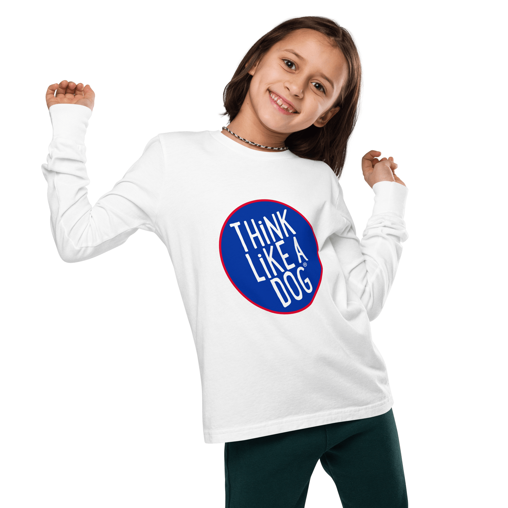 A young girl in a white Kids' Think Like A Dog NASA-Style Long Sleeve Tee by THiNK LiKE A DOG® beams for the camera against a black backdrop. Ideal for dog lovers, this shirt sparks imaginations with its fun and quirky style.