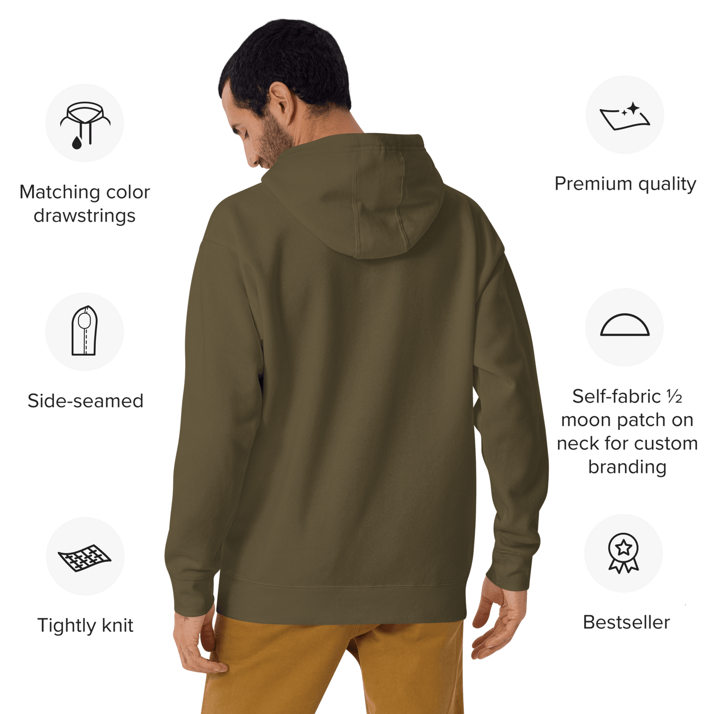 A man is shown from the back wearing an olive green Manic Pixie Dream Dog Hoodie by THiNK LiKE A DOG®. It features matching drawstrings, side-seams, a tight knit, premium quality, and a self-fabric patch. Its minimalist design makes it a bestseller among dog lovers.