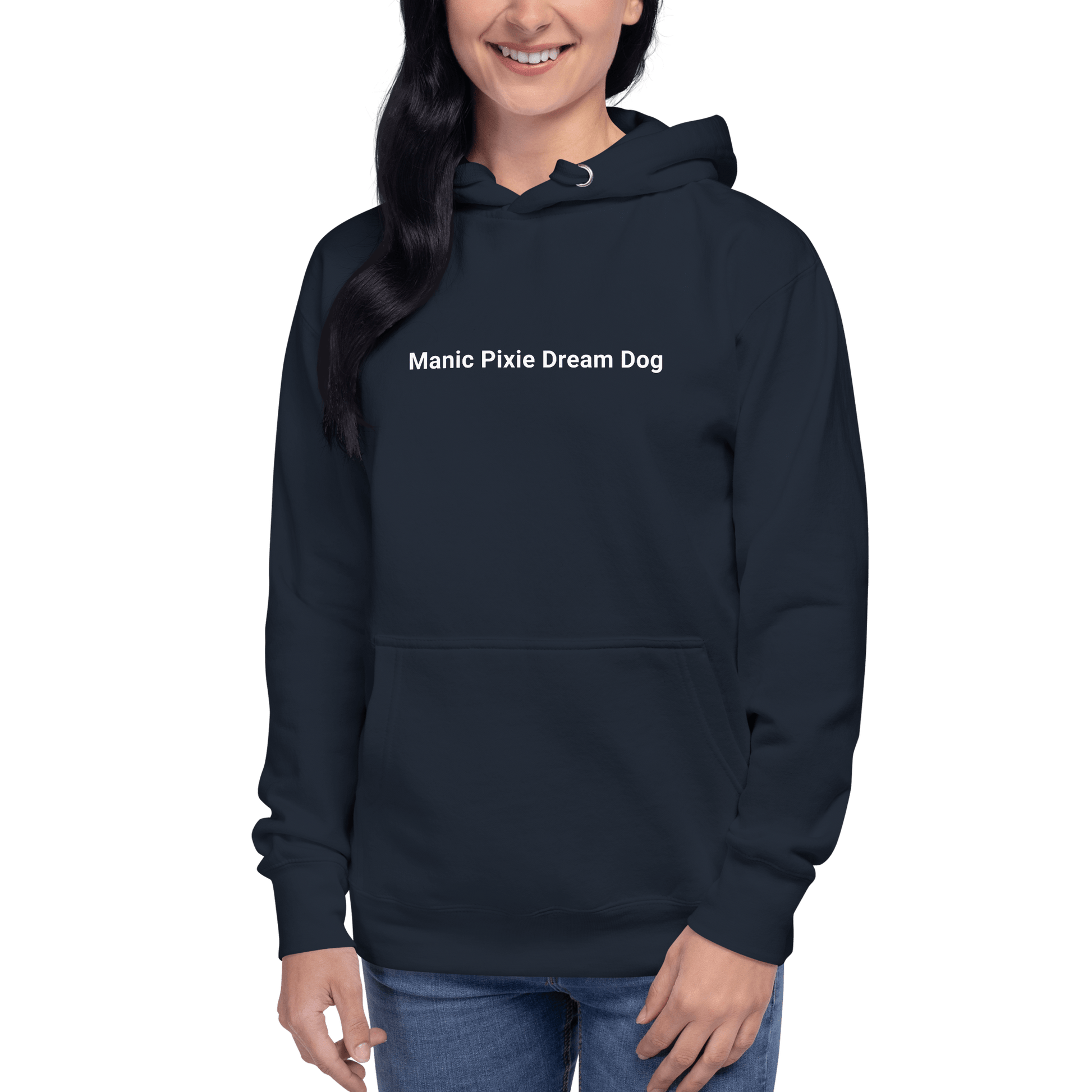 Wearing the THiNK LiKE A DOG® "Manic Pixie Dream Dog" navy hoodie, a person proudly displays their love for dogs through its minimalist dog-themed design.