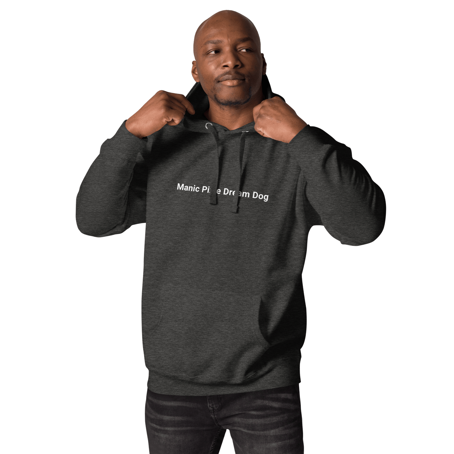 A man wearing a THiNK LiKE A DOG® Manic Pixie Dream Dog Hoodie – minimalist dog-themed apparel for dog lovers – adjusts the hood strings.