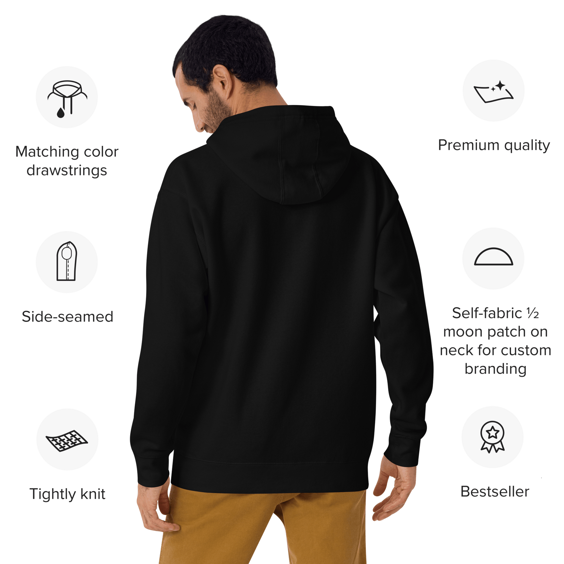 A man wearing a black hoodie with his back to the camera, surrounded by icons showcasing features like matching color drawstrings and premium cozy cotton blend. This bestseller from THiNK LiKE A DOG® boasts bold design perfect for any dog-lover hoodie enthusiast: Manic Pixie Dream Dog Hoodie.