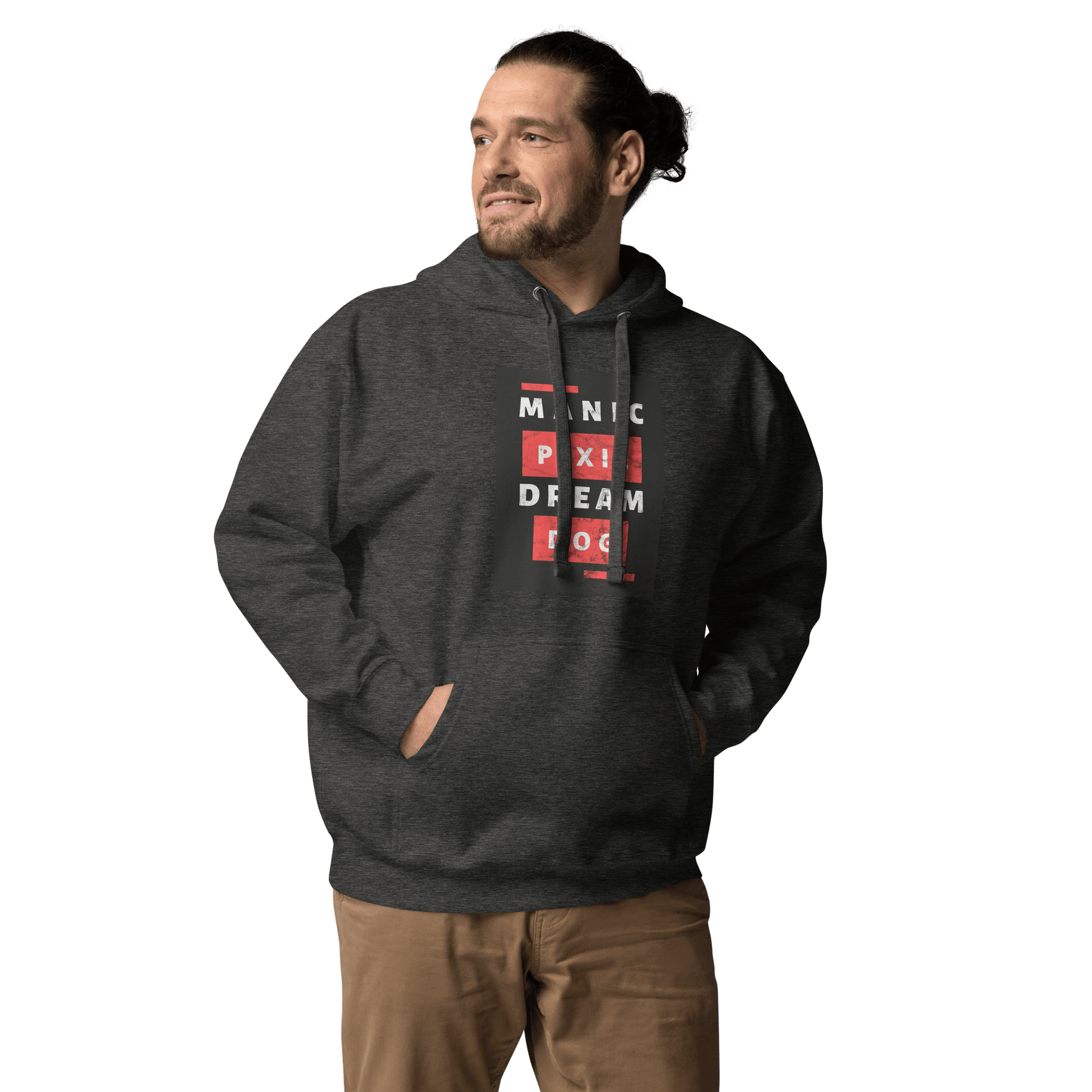 A person embodies quirky fashion in a dark gray hoodie with "Manic Pixi Dream Pog" against a dark background, wearing the Manic Pixie Dream Dog Hoodie by THiNK LiKE A DOG®—perfect unique dog-themed apparel for dog lovers.