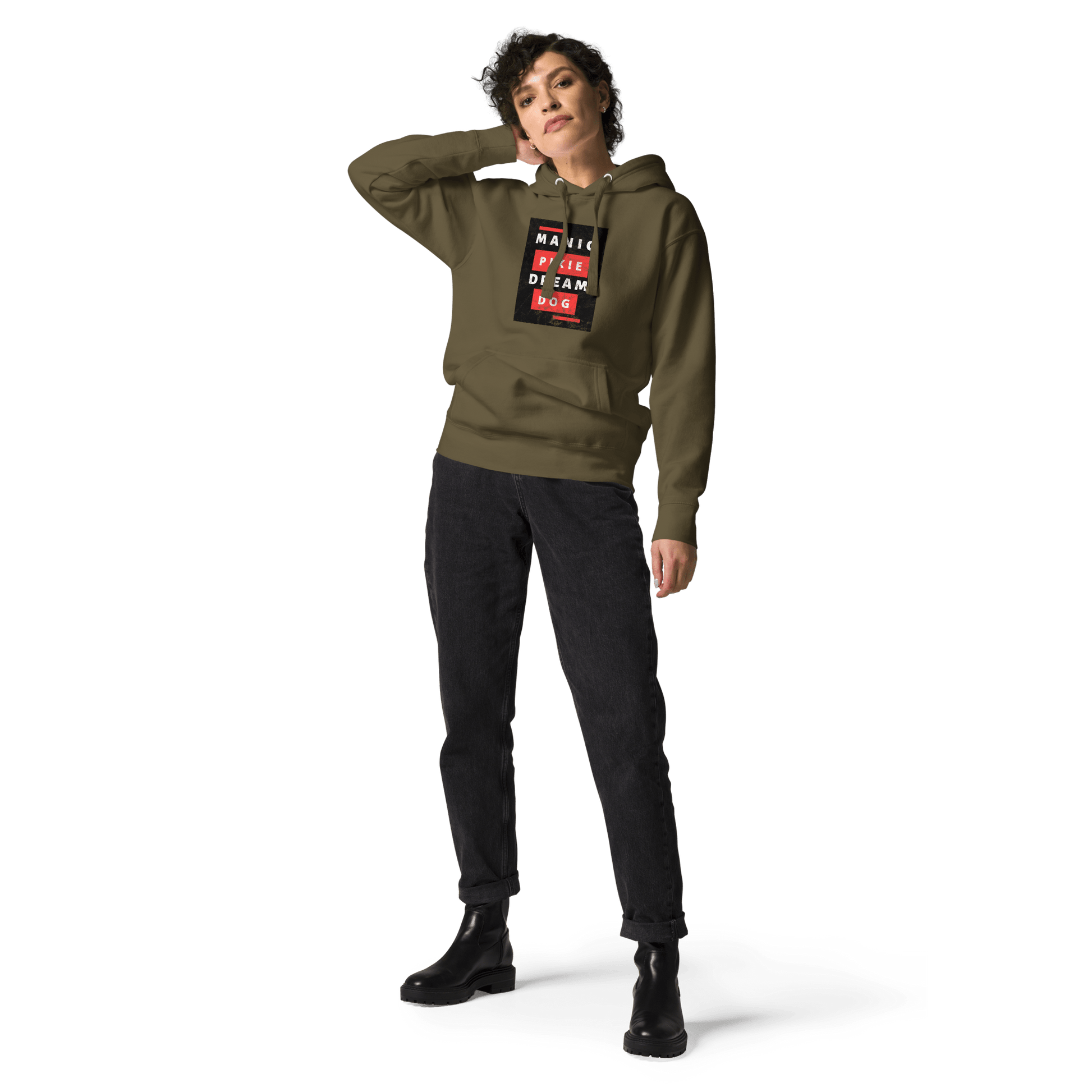 A person in an olive green THiNK LiKE A DOG® Manic Pixie Dream Dog Hoodie, showcasing bold block-letter graphics, wears black pants and poses with a hand on their head against a plain background.