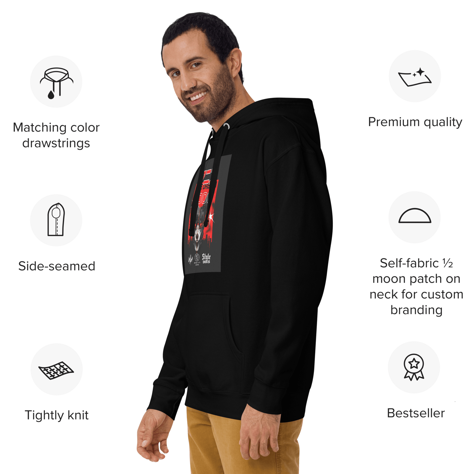A smiling man wears the Manic Pixie Dream Dog Kanji Hoodie by THiNK LiKE A DOG®, featuring a colorful, dog-themed design perfect for streetwear lovers. Text icons highlight its premium quality with matching drawstrings and bestseller status.