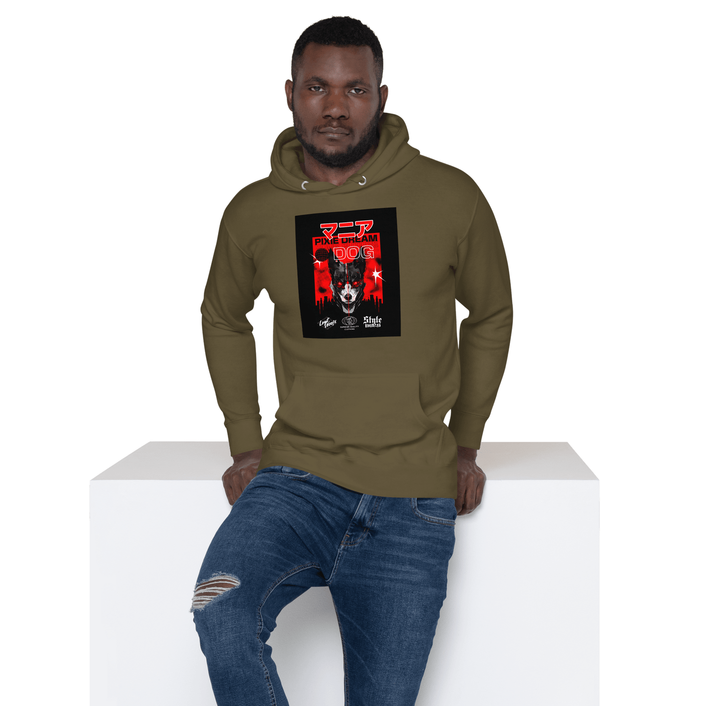 A man is leaning against a white surface in the black background, wearing the "Manic Pixie Dream Dog Kanji Hoodie" by THiNK LiKE A DOG®—a stylish streetwear piece with a dog-themed, Kanji-inspired design.