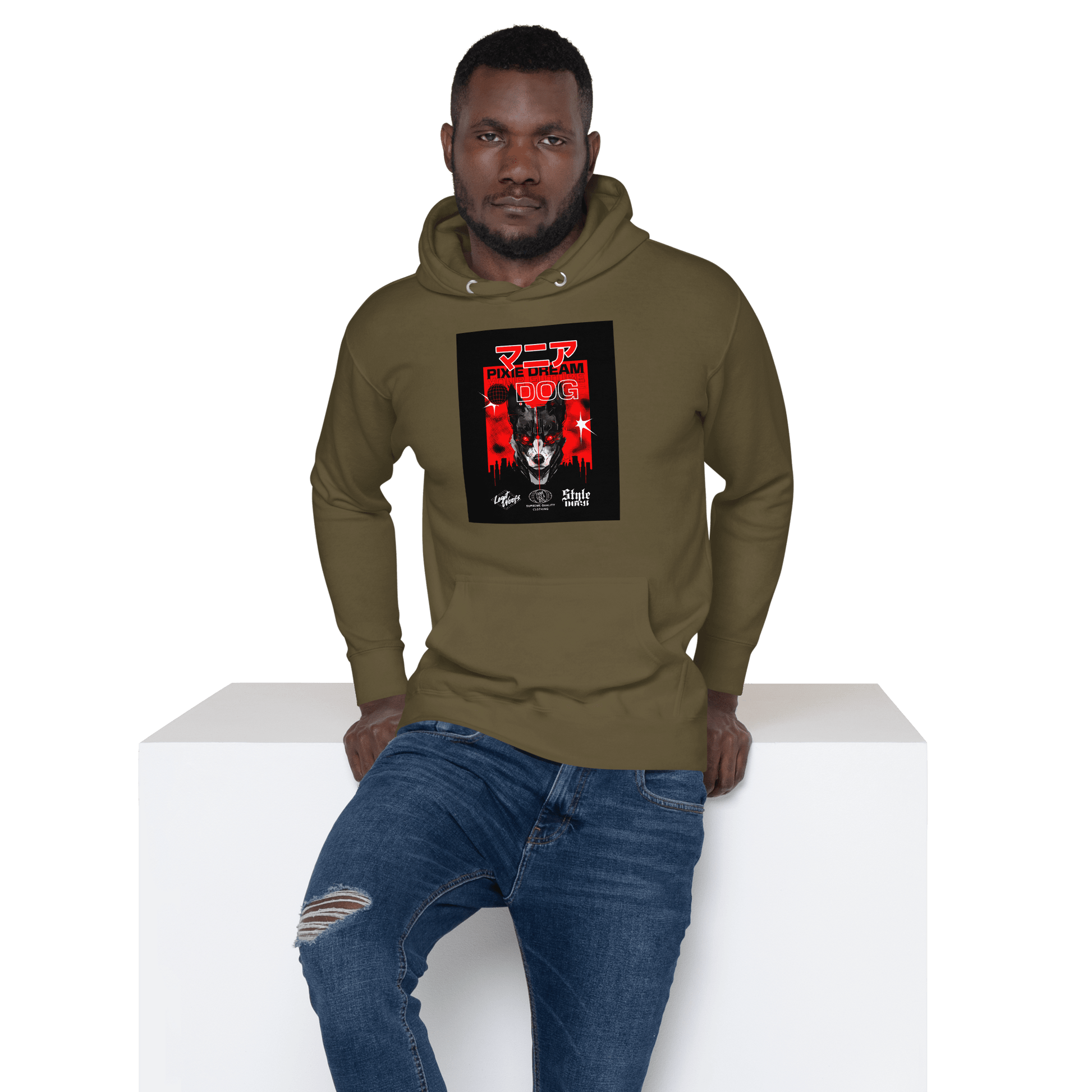 A man is leaning against a white surface in the black background, wearing the "Manic Pixie Dream Dog Kanji Hoodie" by THiNK LiKE A DOG®—a stylish streetwear piece with a dog-themed, Kanji-inspired design.