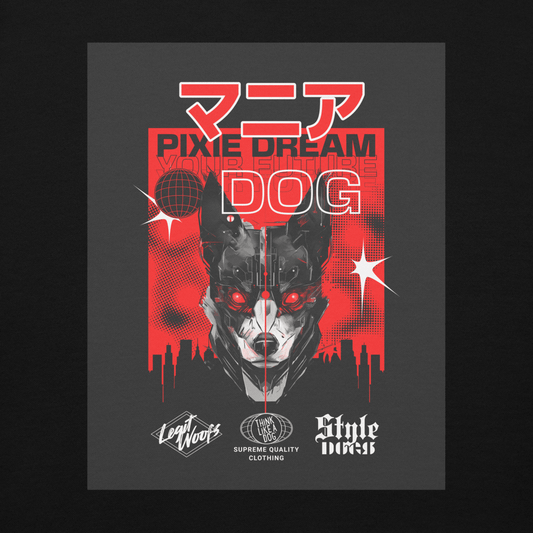 The Manic Pixie Dream Dog Kanji Hoodie by THiNK LiKE A DOG® blends futuristic streetwear style with a robot dog design, red eyes, and Japanese text. Featuring logos like "PIXIE DREAM DOG" and "Supreme Quality Clothing," it's perfect for fans of dog-themed fashion.