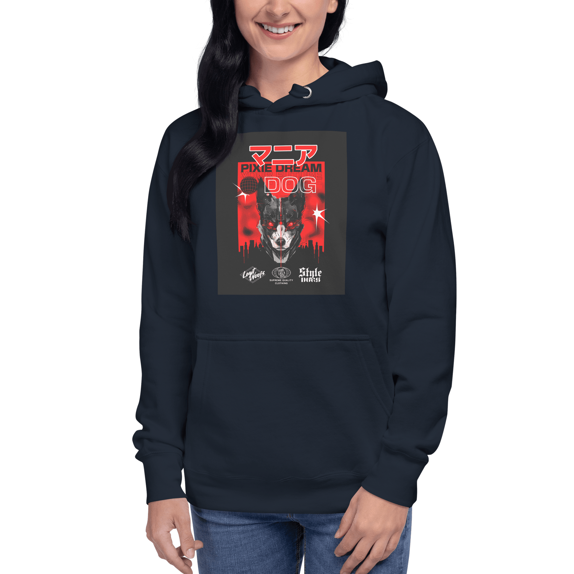 A person shows off their Manic Pixie Dream Dog Kanji Hoodie by THiNK LiKE A DOG®, featuring a graphic design with a black and white dog, bold red text, and subtle Kanji elements, perfectly blending into the streetwear vibe.