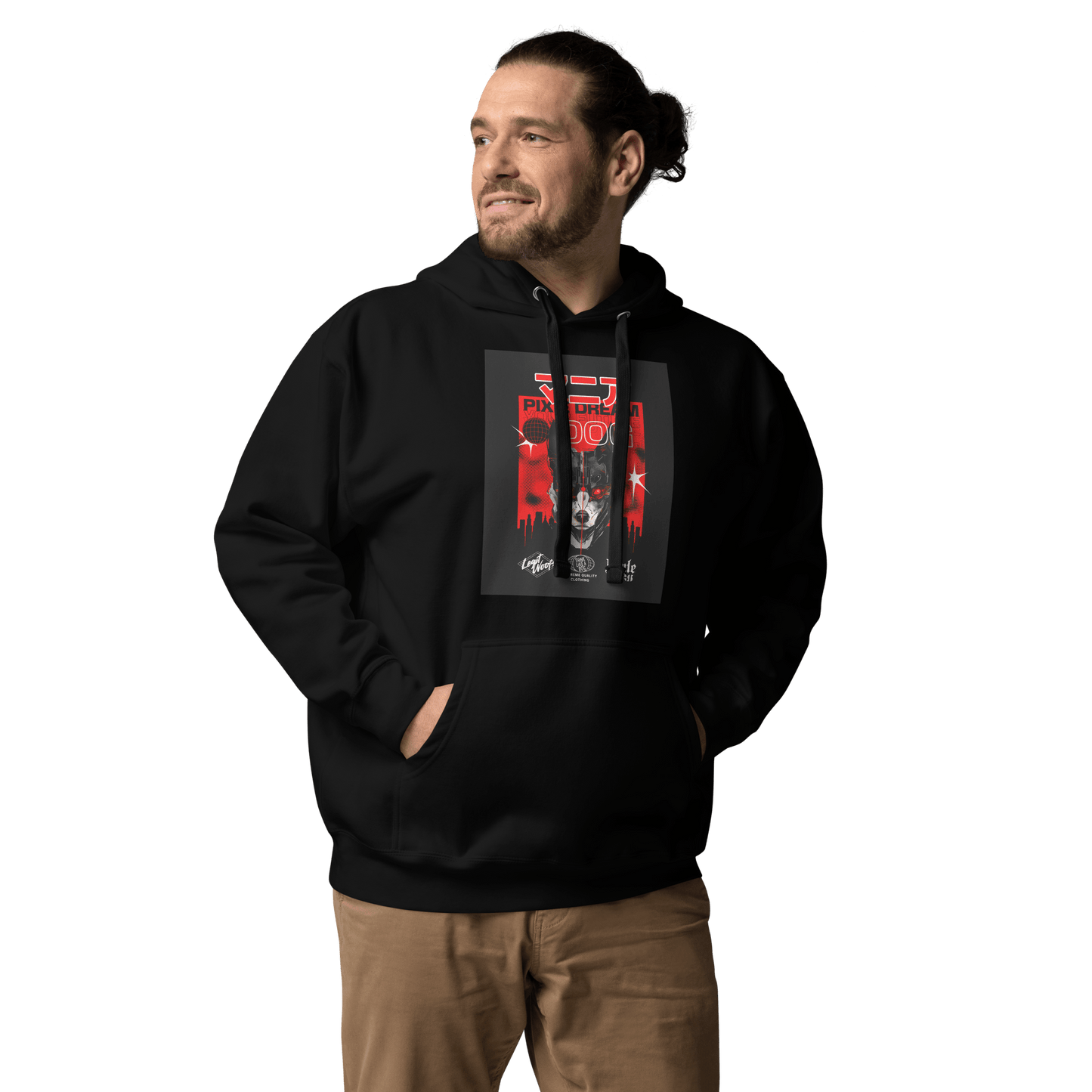 A man with a beard and bun wears the Manic Pixie Dream Dog Kanji Hoodie by THiNK LiKE A DOG®, paired with beige pants, looking to the side.