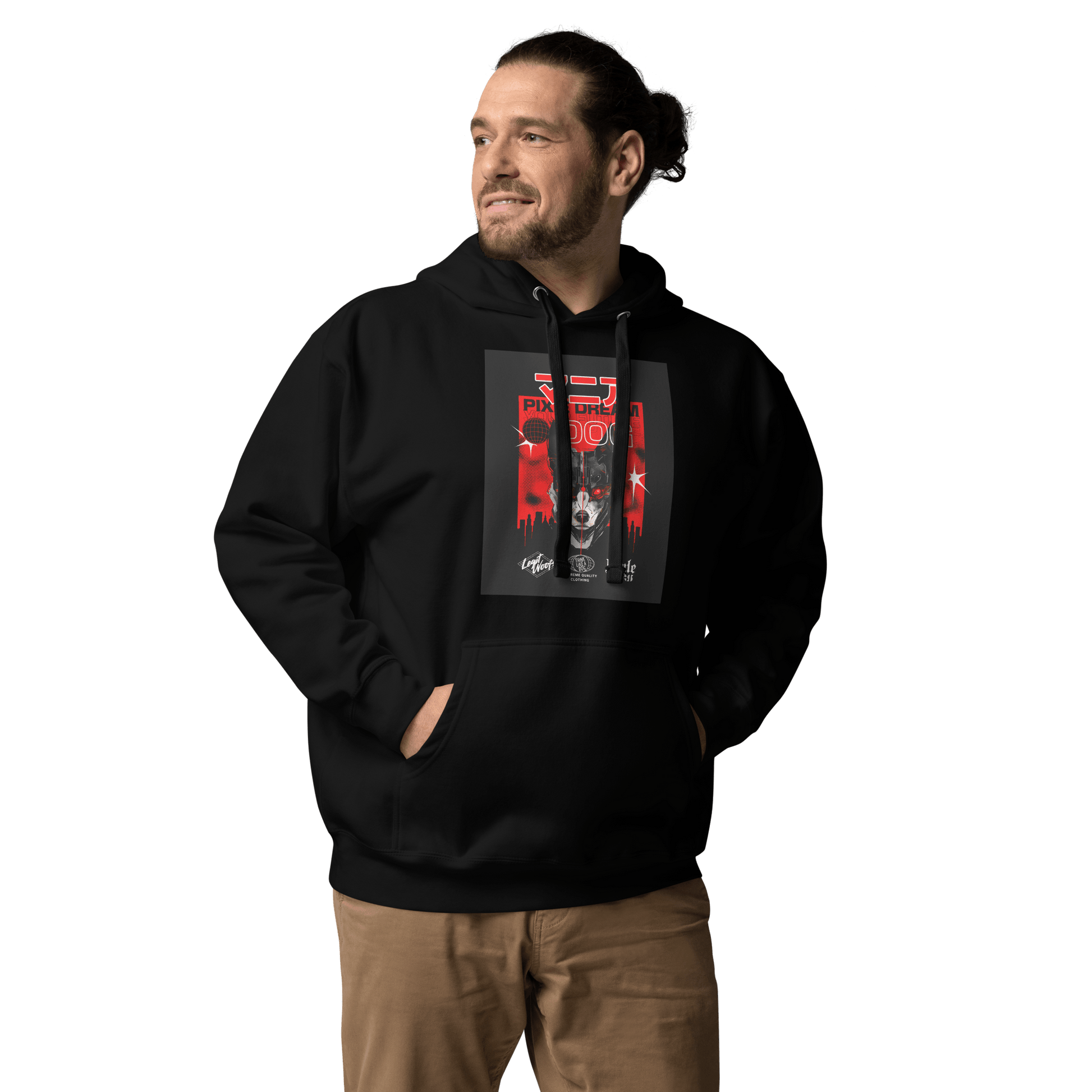 A man with a beard and bun wears the Manic Pixie Dream Dog Kanji Hoodie by THiNK LiKE A DOG®, paired with beige pants, looking to the side.