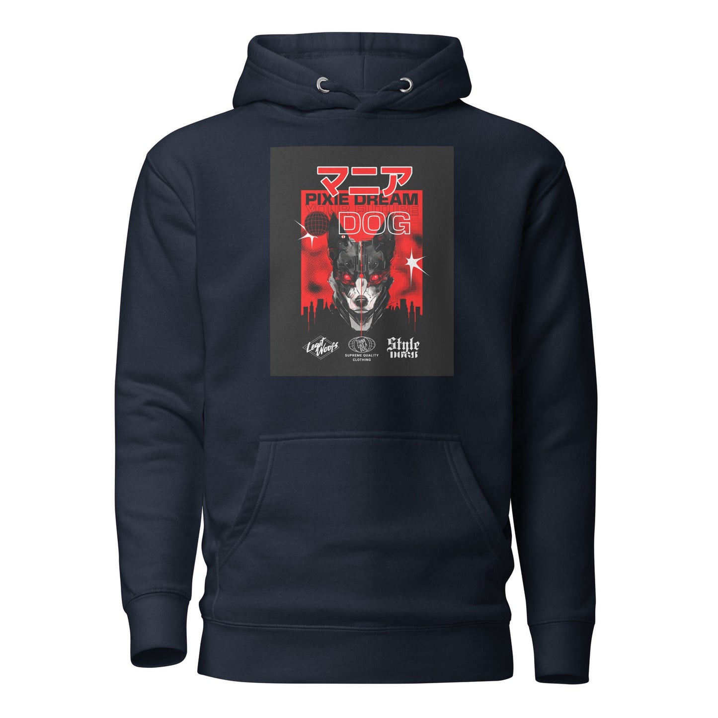 The Manic Pixie Dream Dog Kanji Hoodie by THiNK LiKE A DOG® features a striking design with a wolf's face, basketball, city skyline, and Japanese Kanji in dynamic red, white, and black colors. Ideal for streetwear fans.
