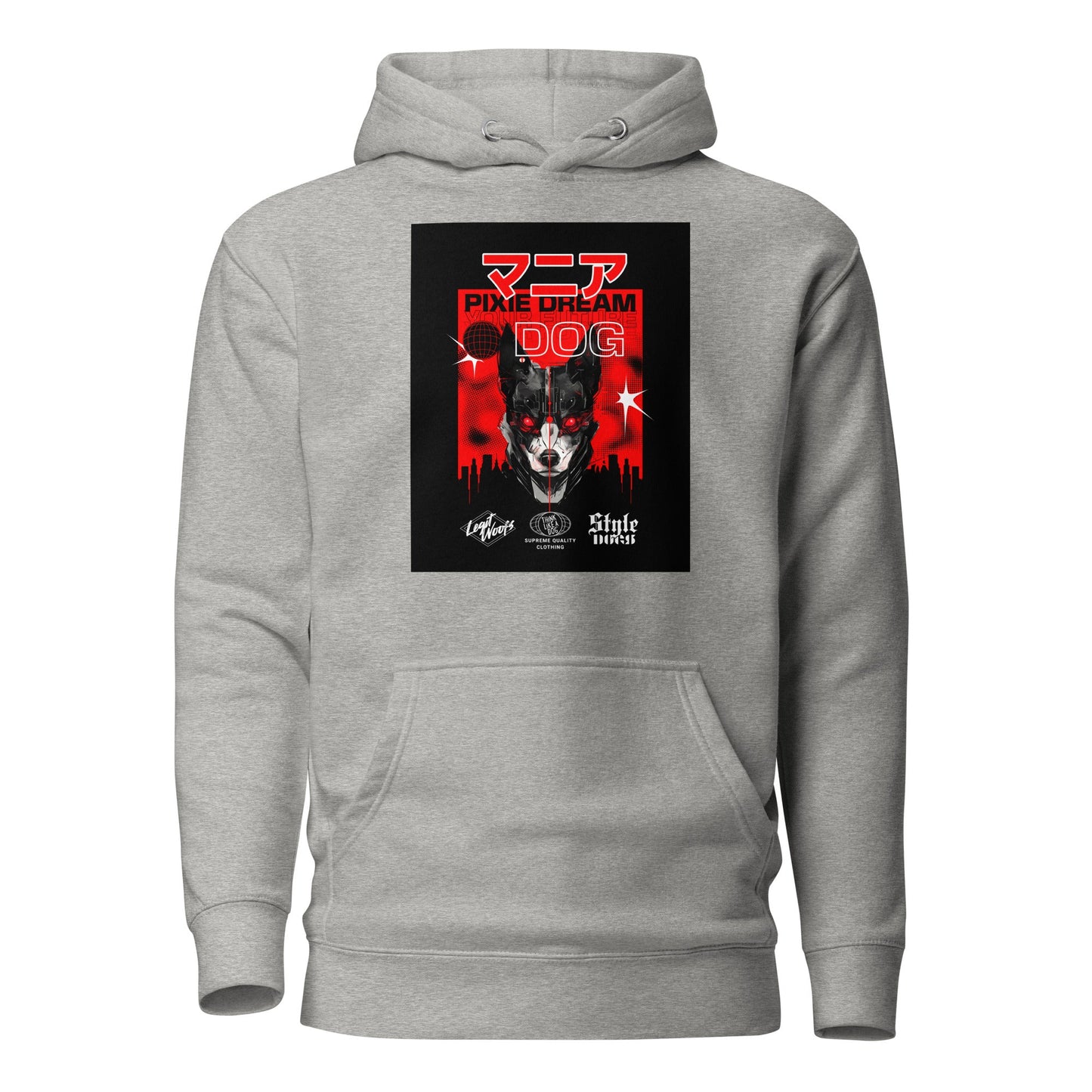 The THiNK LiKE A DOG® Manic Pixie Dream Dog Kanji Hoodie combines streetwear with dog-lover fashion, featuring a wolf graphic and "PIXIE DREAM DOG" text, accented by red Japanese Kanji on the chest.