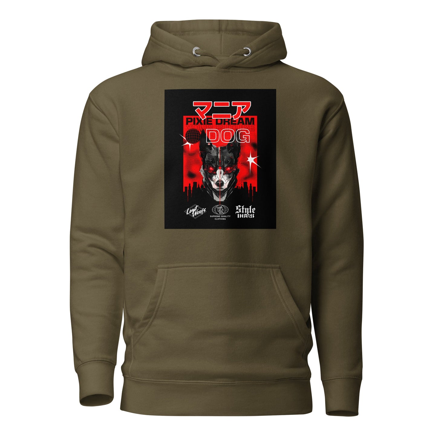 THiNK LiKE A DOG® presents the Manic Pixie Dream Dog Kanji Hoodie—an olive green hoodie with a bold dog illustration, Japanese text, and "Punk Dream Dog" in red and white, ideal for streetwear enthusiasts and dog-lover fashion fans.