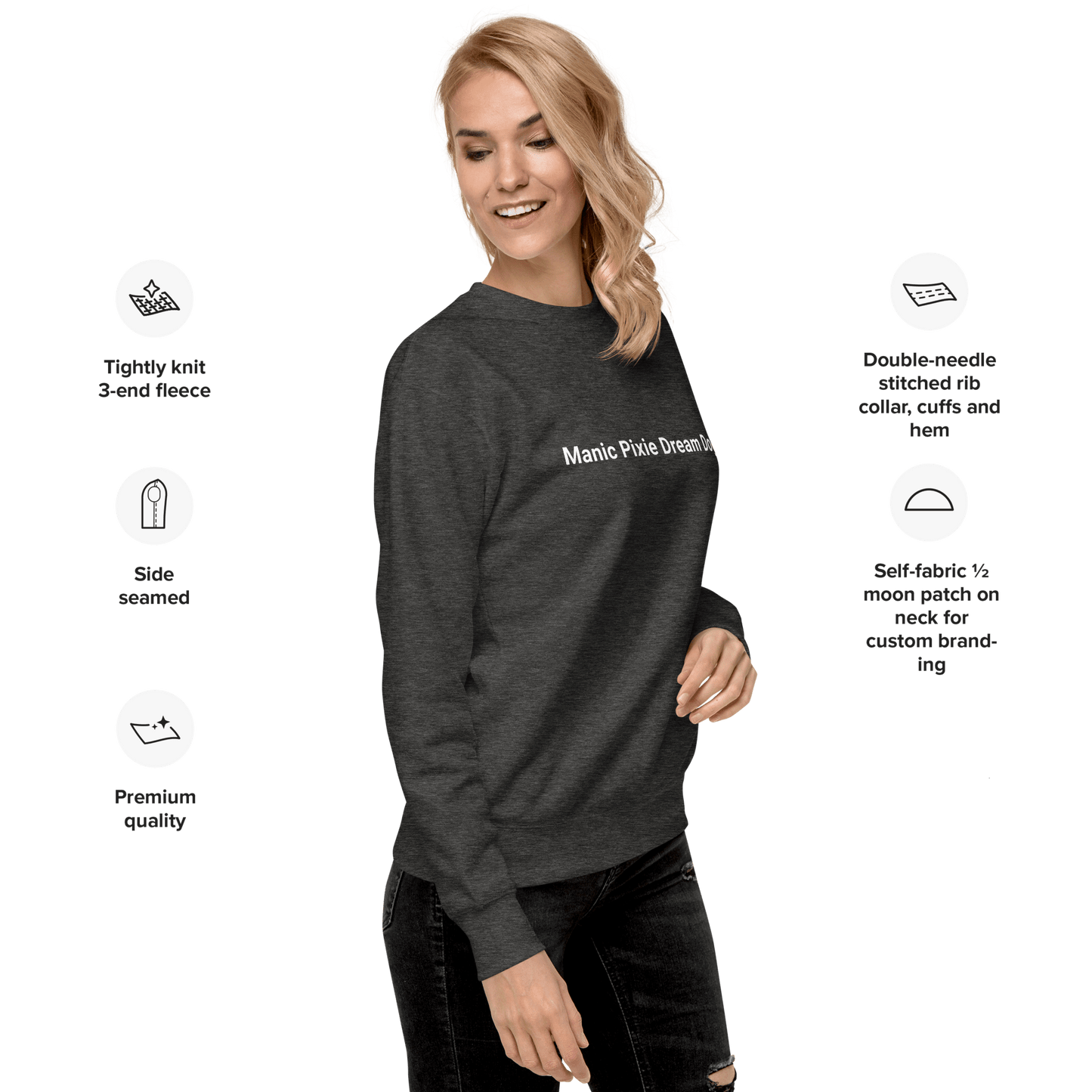 A woman wearing a navy sweatshirt with white text. The "Manic Pixie Dream Dog" by THiNK LiKE A DOG® boasts tightly knit 3-end fleece, side seams, and double-needle stitching for premium quality. Its minimalist design offers a timeless appeal for dog lovers.