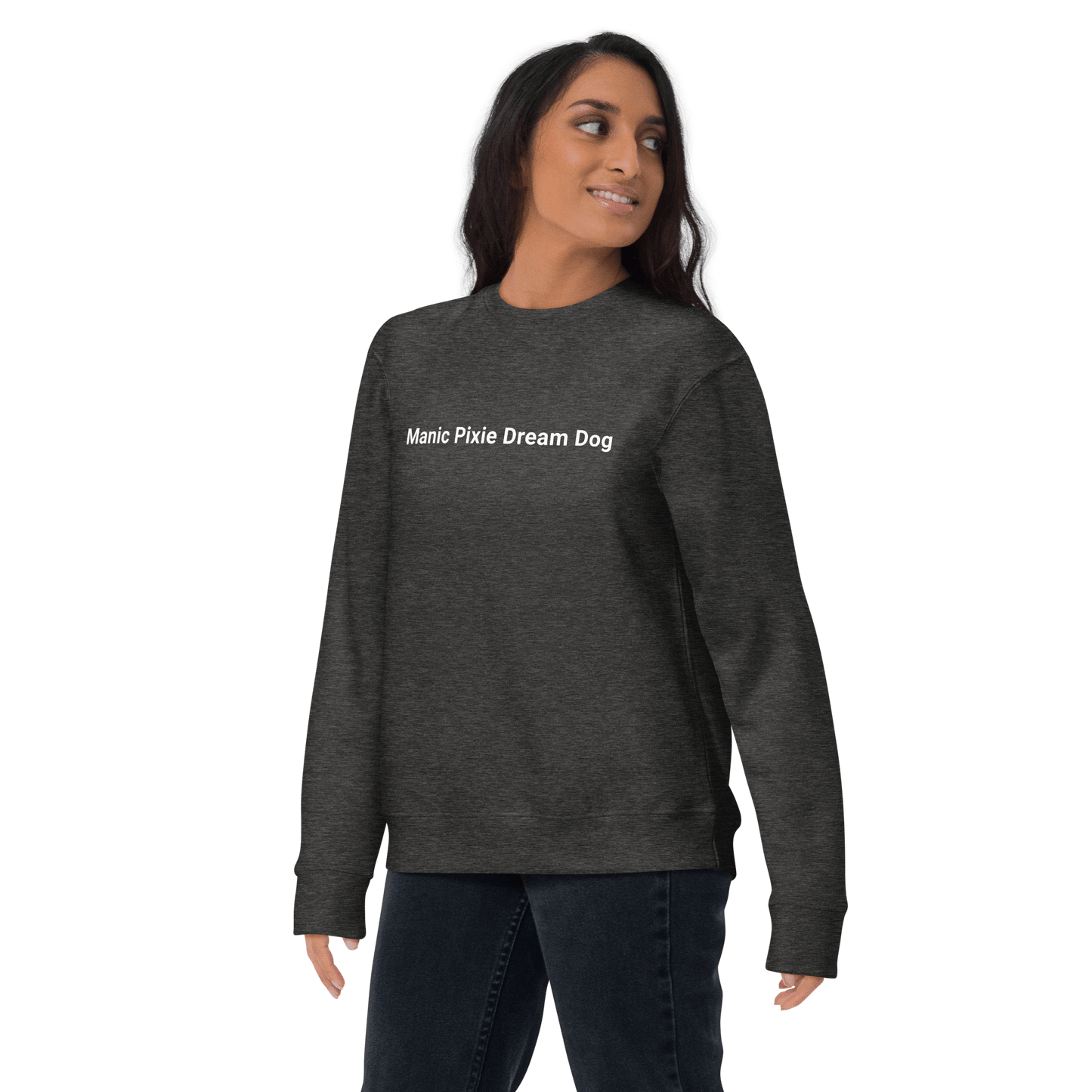 A person stands against a plain background wearing a navy Manic Pixie Dream Dog sweatshirt by THiNK LiKE A DOG®. This cozy, minimalist design is perfect for any dog lover.