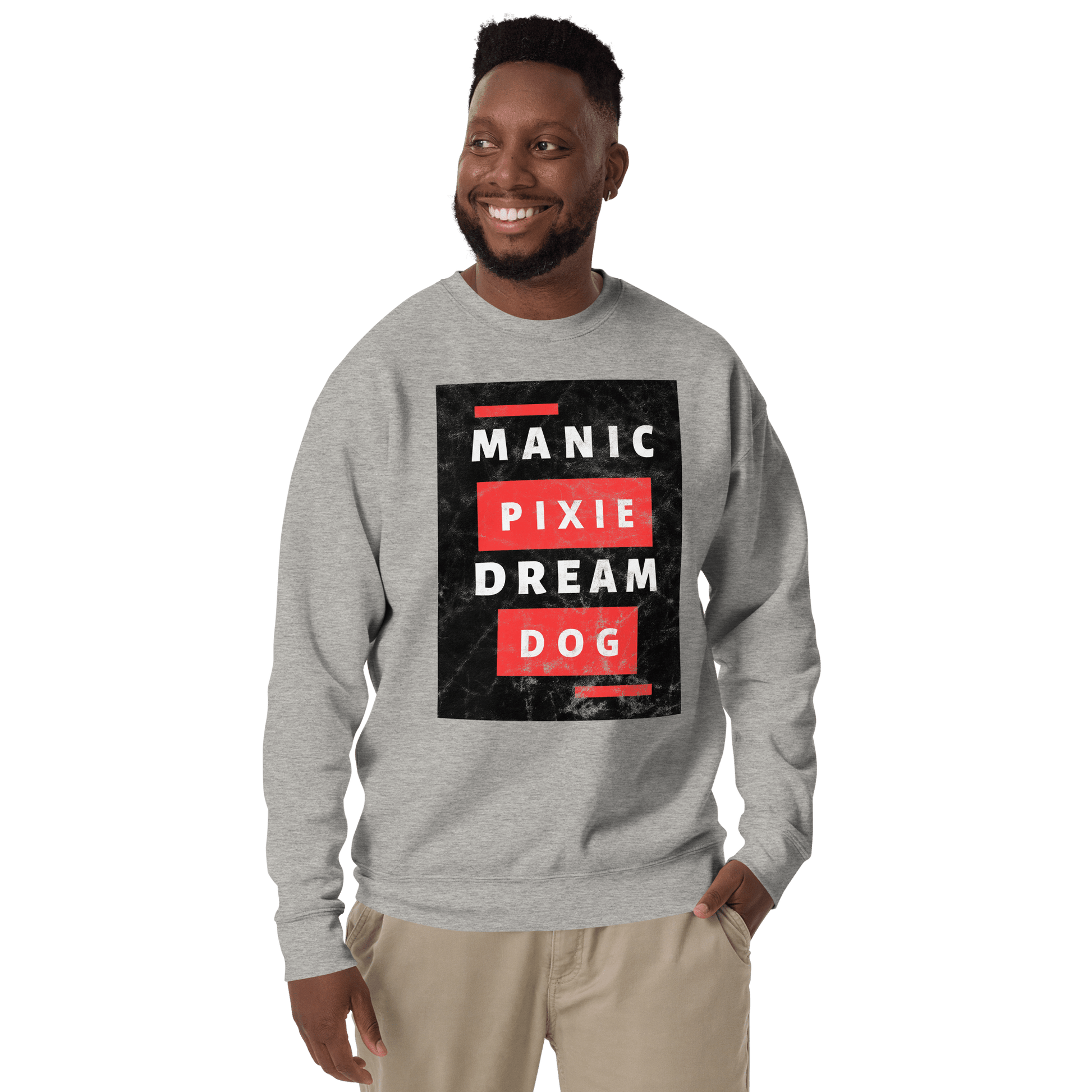 A man wearing the THiNK LiKE A DOG® Manic Pixie Dream Dog Sweatshirt – Unique Funny Comfort smiles against a plain background—the perfect gift for dog owners or a must-have for any dog lover's sweatshirt collection.