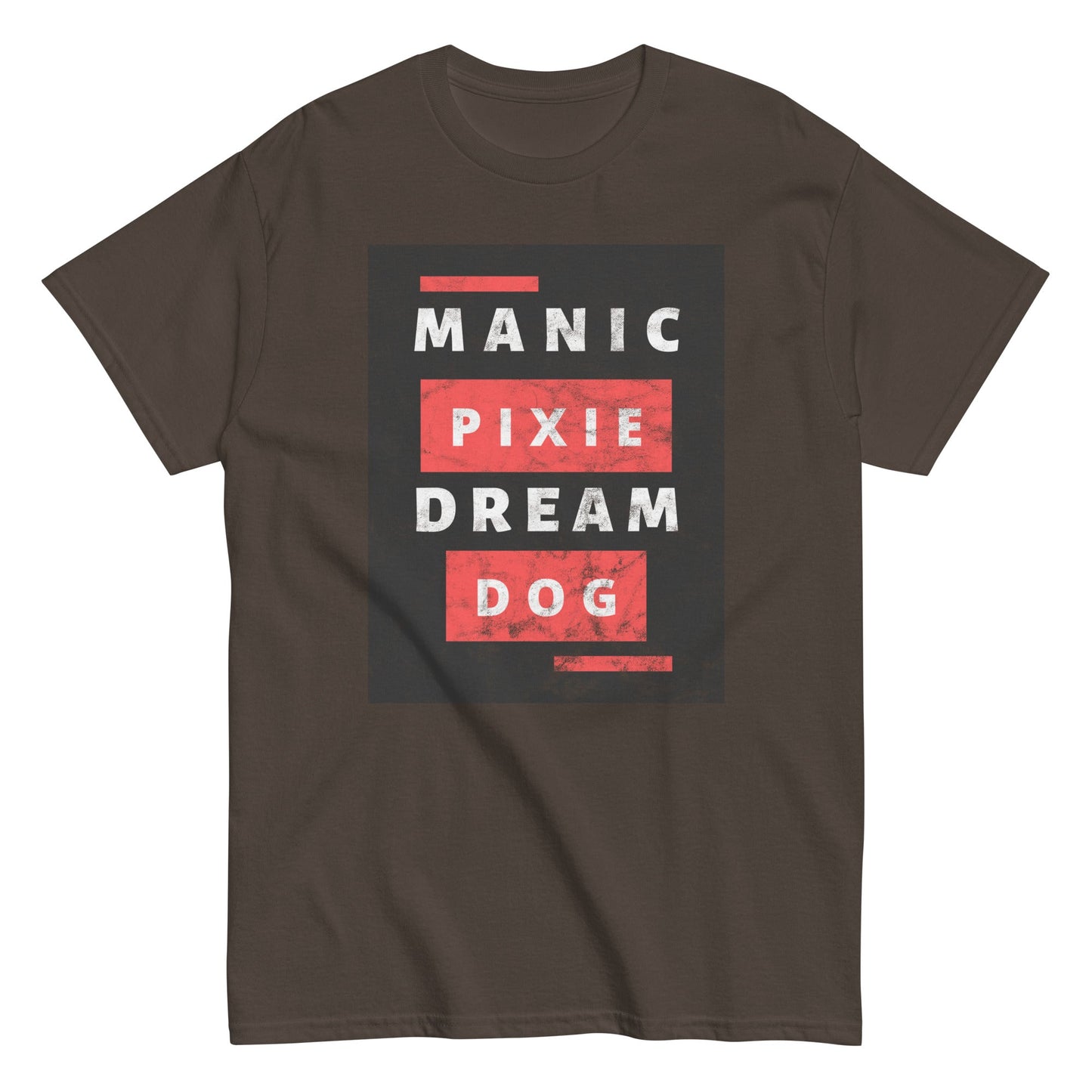 Show off your love for dogs with the THiNK LiKE A DOG® Manic Pixie Dream Dog T-Shirt. This brown tee features a bold block letter design in a black rectangle, making it an ideal choice for any dog enthusiast's wardrobe.