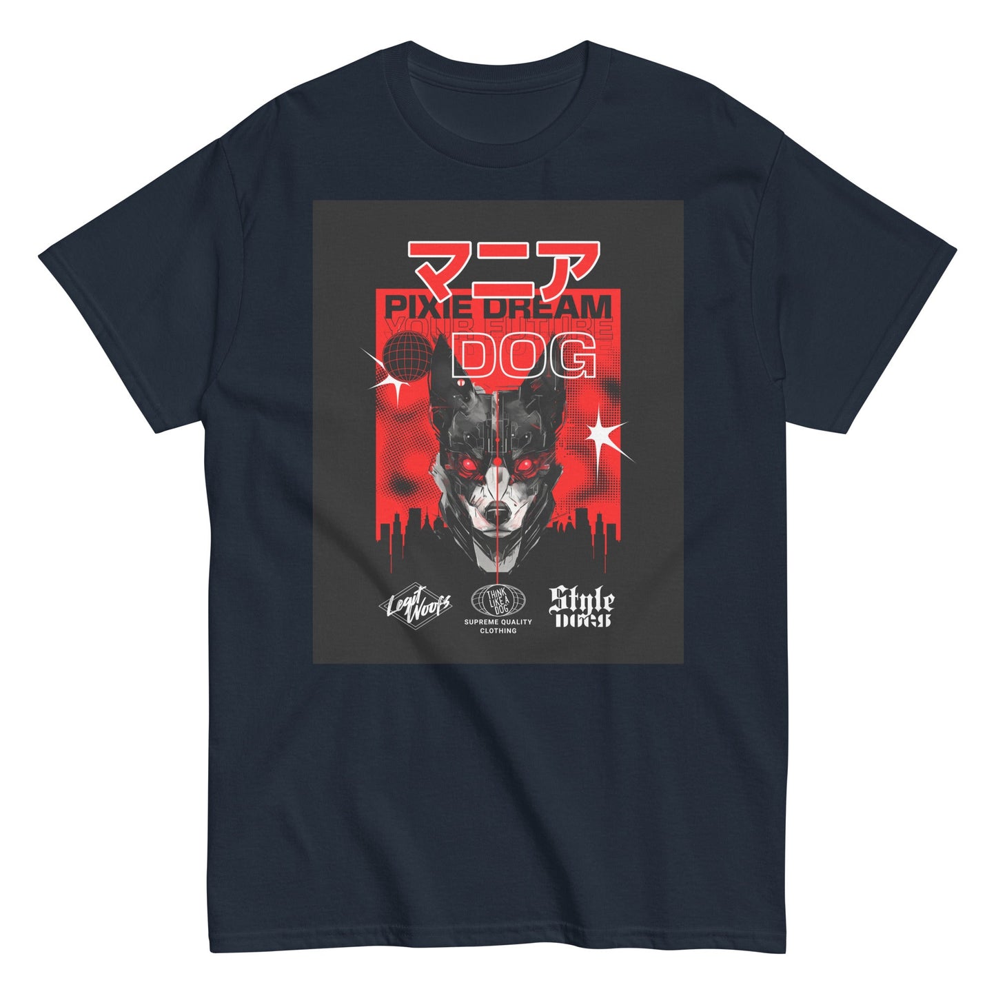 The Manic Pixie Dream Dog T-Shirt by THiNK LiKE A DOG® showcases a cyberpunk dog face with red Kanji text, ideal for streetwear fans.